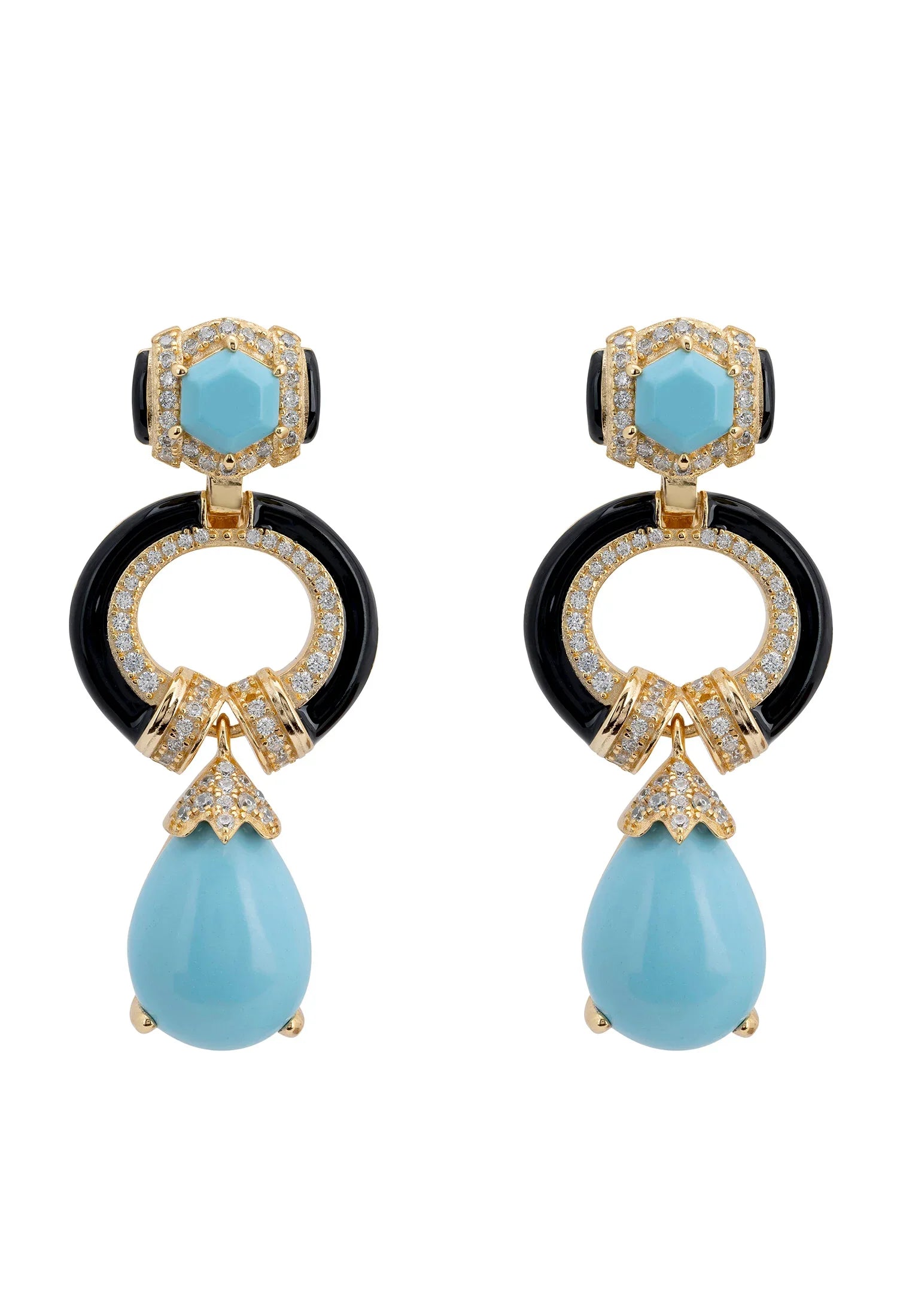 Turquoise, black and gold art deco drop earrings.