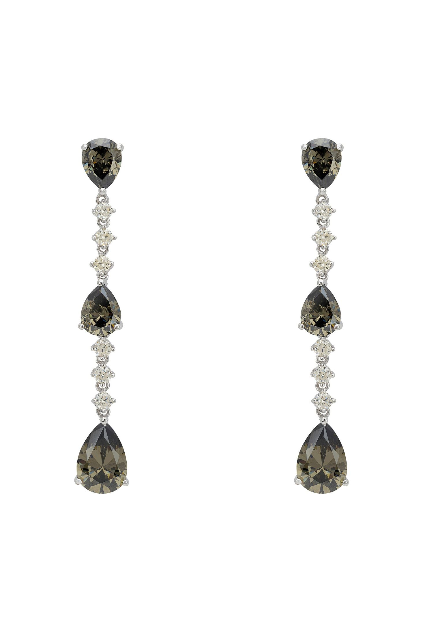 Front view of Elizabeth Drop Earrings Smokey Quartz Silver, showing cat design, smokey quartz detailing, silver finish.