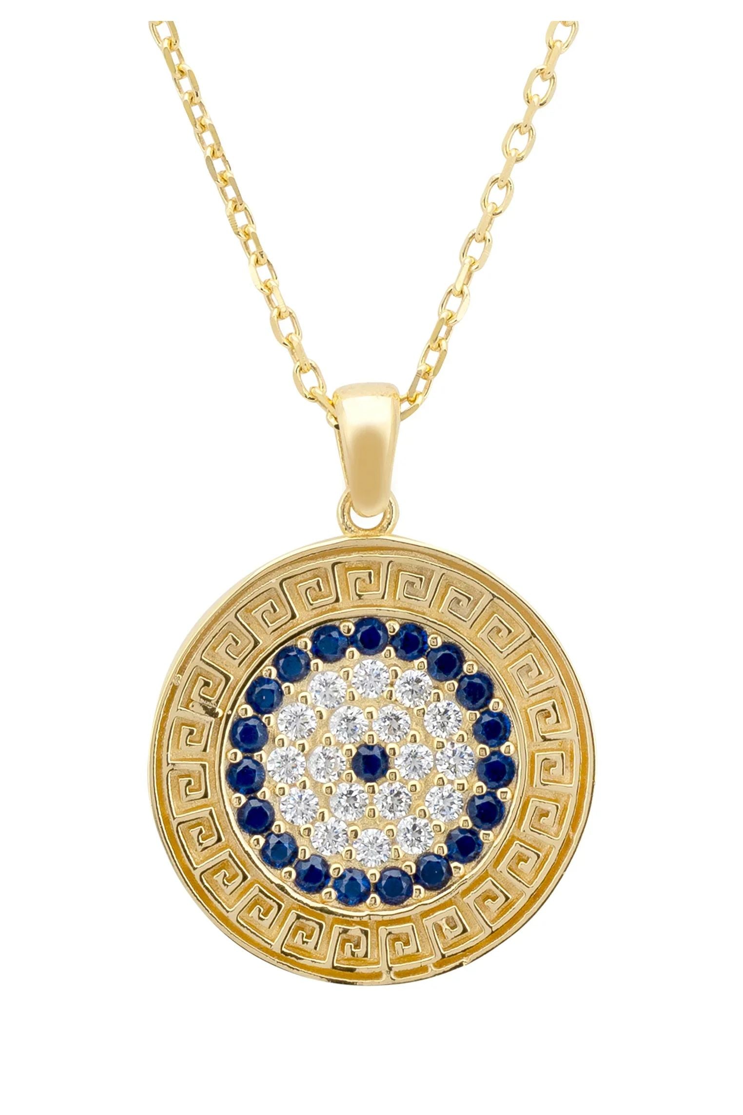 Close-up of the Greek motif framed gemstone evil eye pendant.