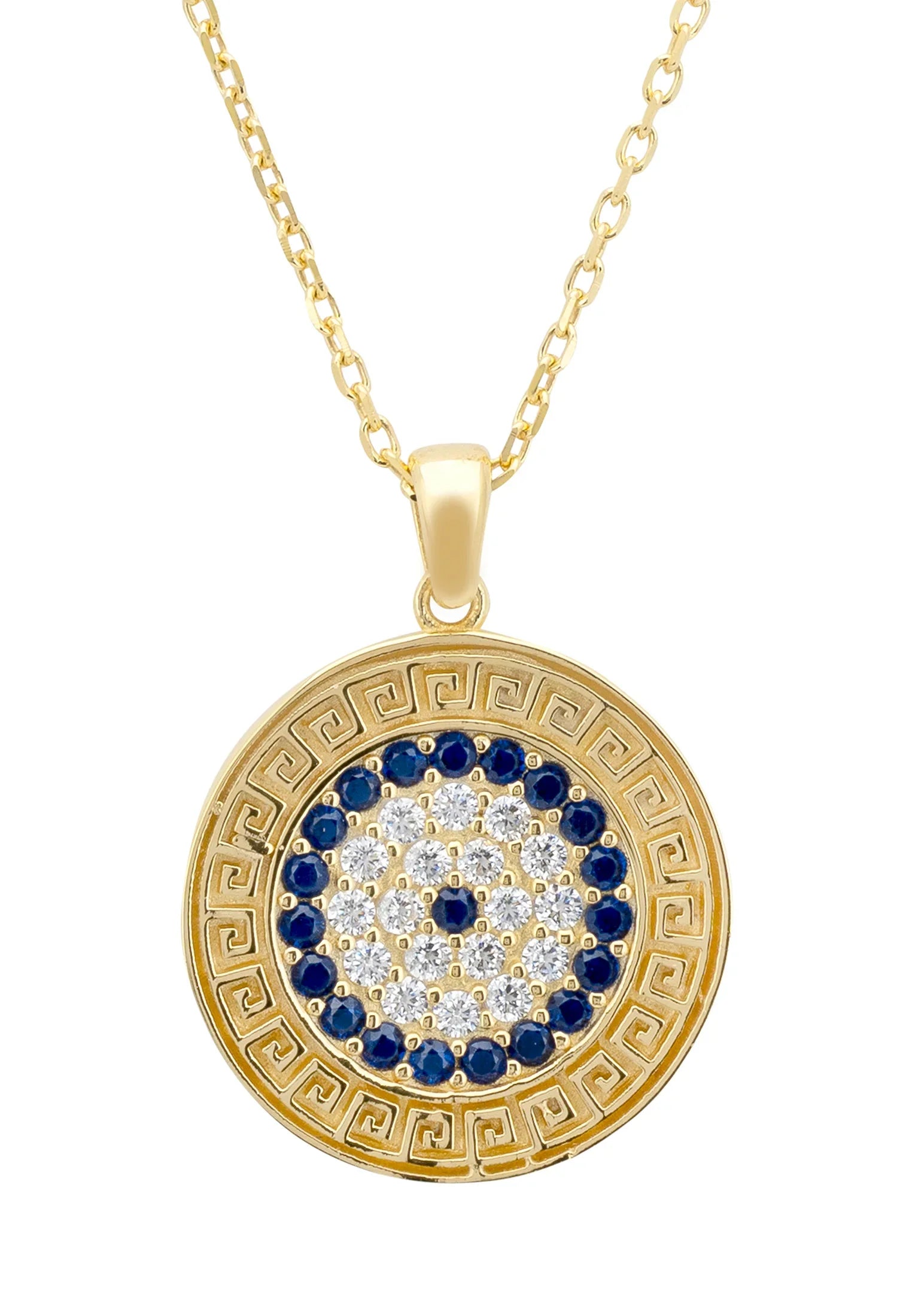 Close-up of the Greek motif framed gemstone evil eye pendant.