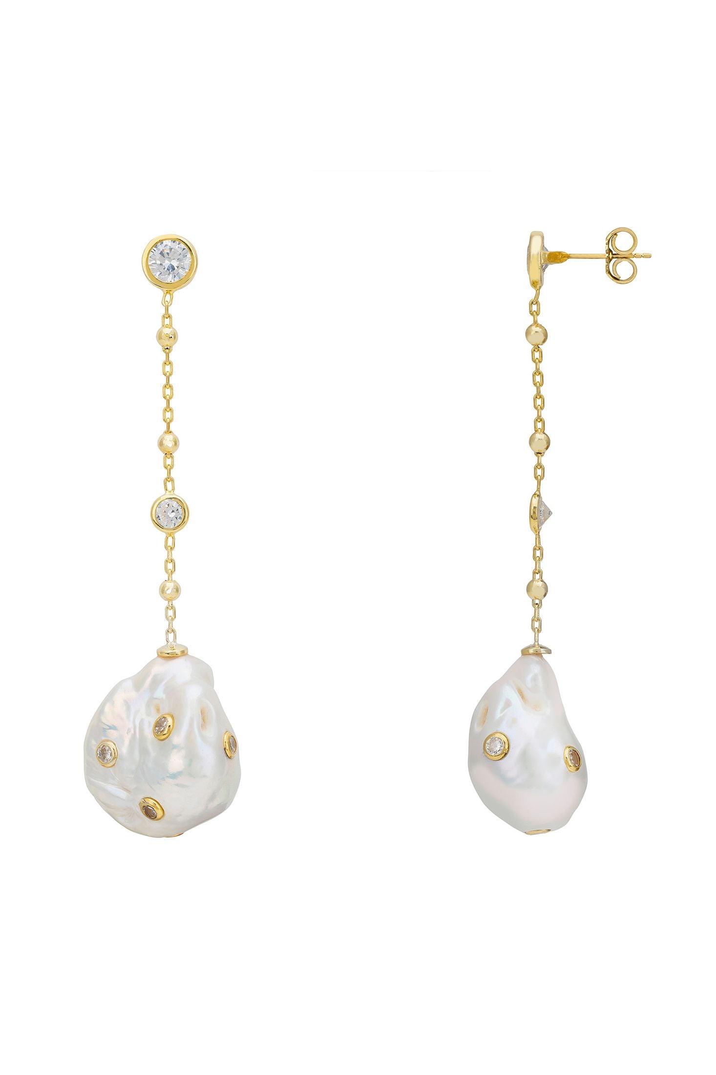 Angled view of Polka Dot Baroque Pearl Chain Drop Earrings Gold Cz, showing baroque pearl and pearl detailing, gold finish and the jewellery profile.