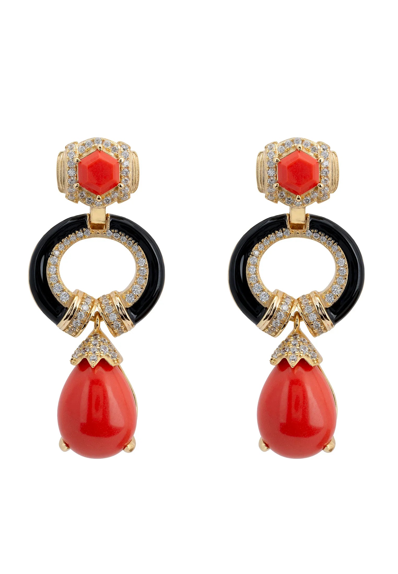 Red, black and gold art deco drop earrings.