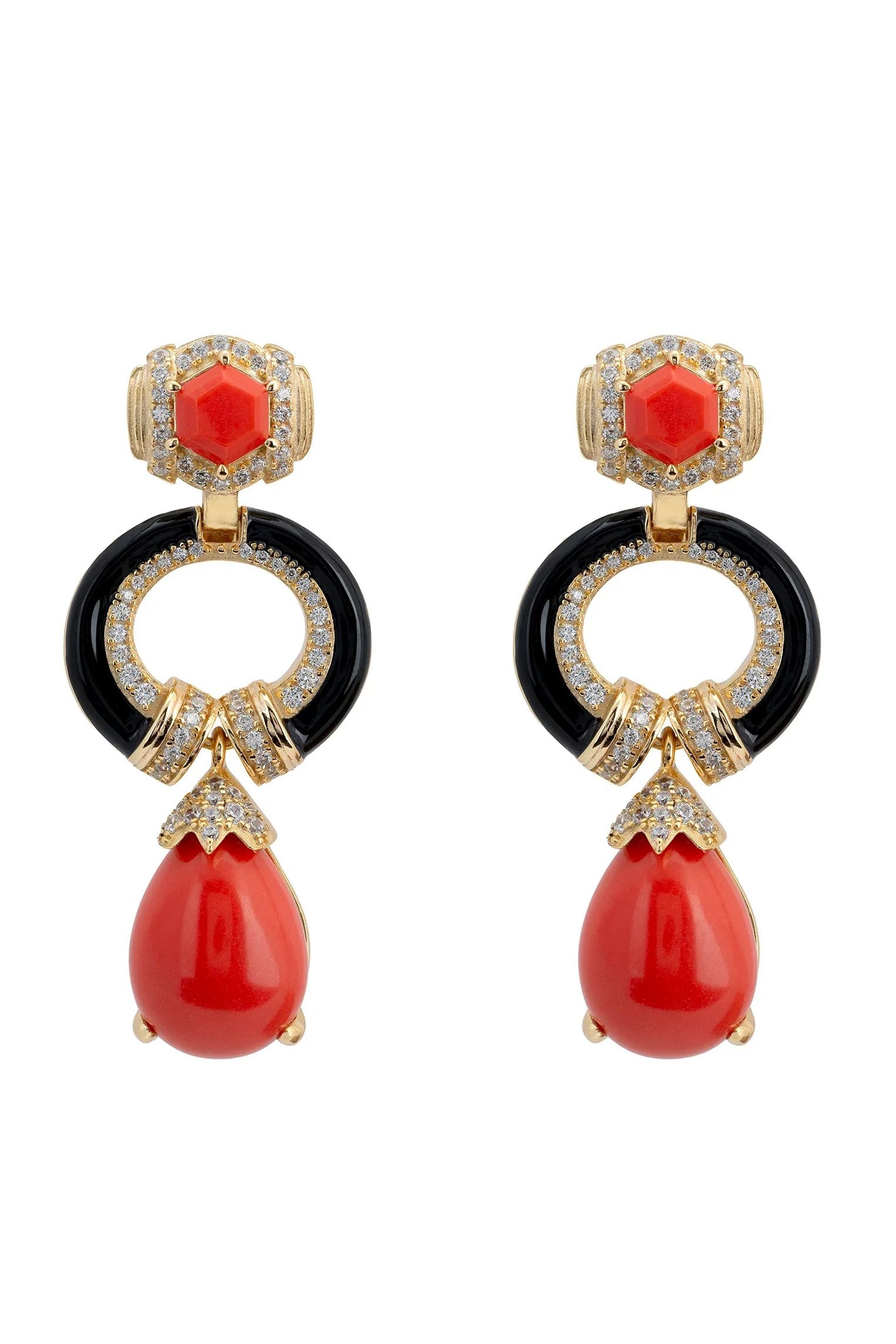 Red, black and gold art deco drop earrings.