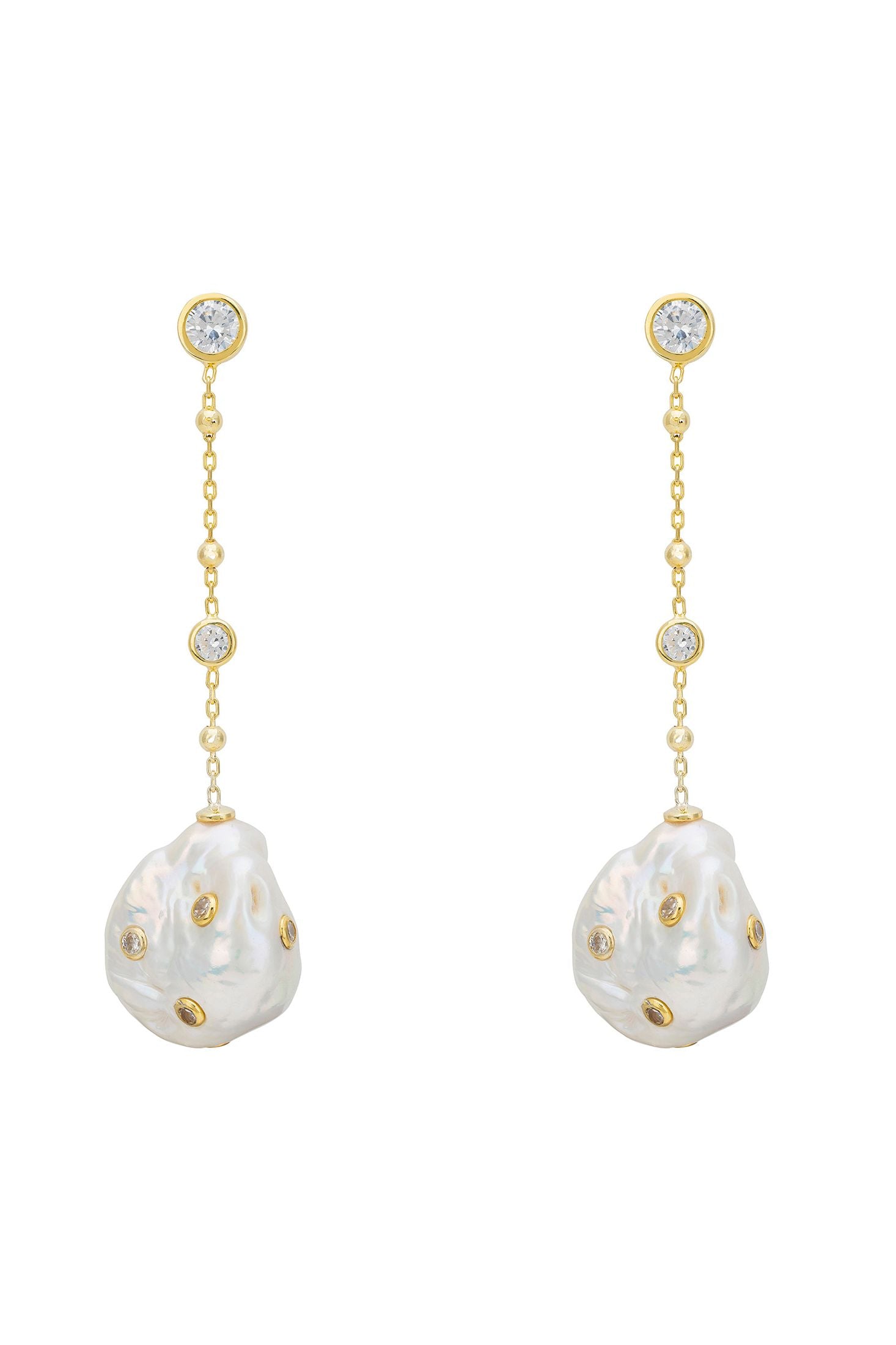 Front view of Polka Dot Baroque Pearl Chain Drop Earrings Gold Cz, showing cat design, cubic zirconia and zirconia detailing, gold finish.
