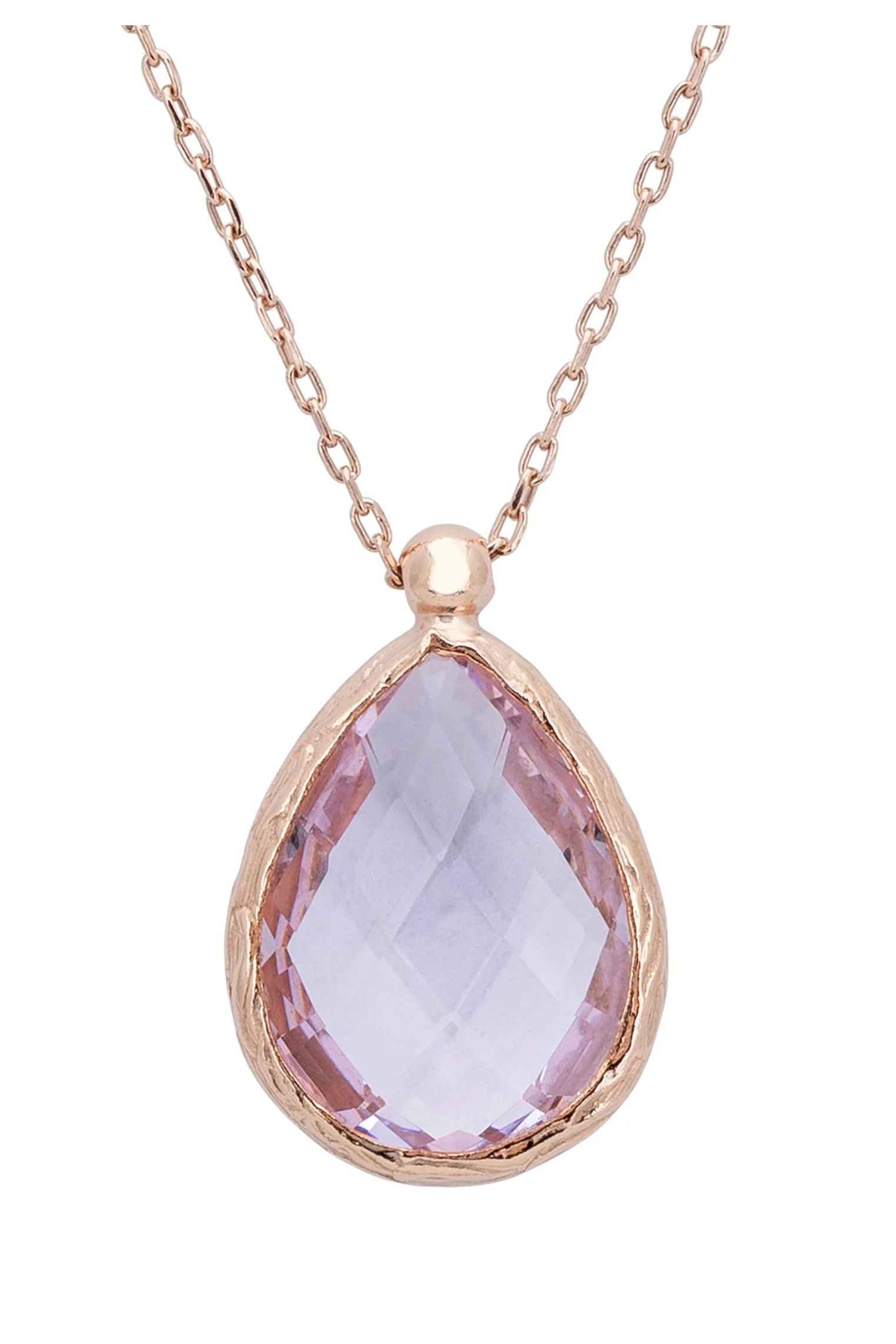 Close-up of the teardrop rose quartz rose gold pendant.