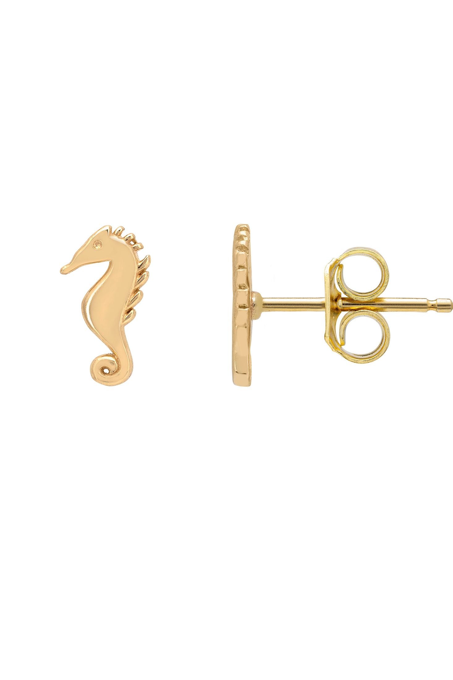 Gold seahorse earring on a white background