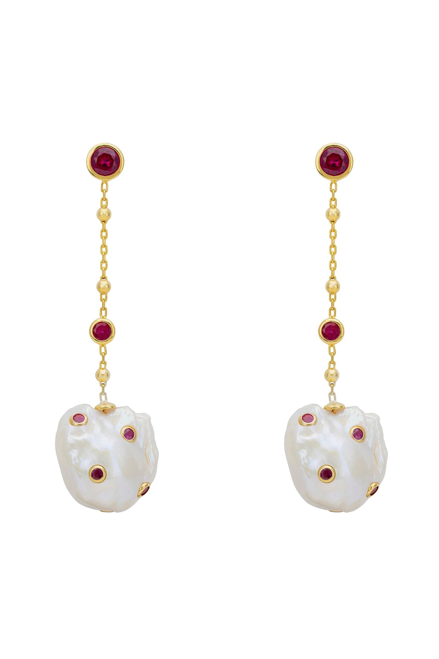 Front view of Polka Dot Baroque Pearl Chain Drop Earrings Gold Ruby, showing bee design, baroque pearl and pearl detailing, gold finish.