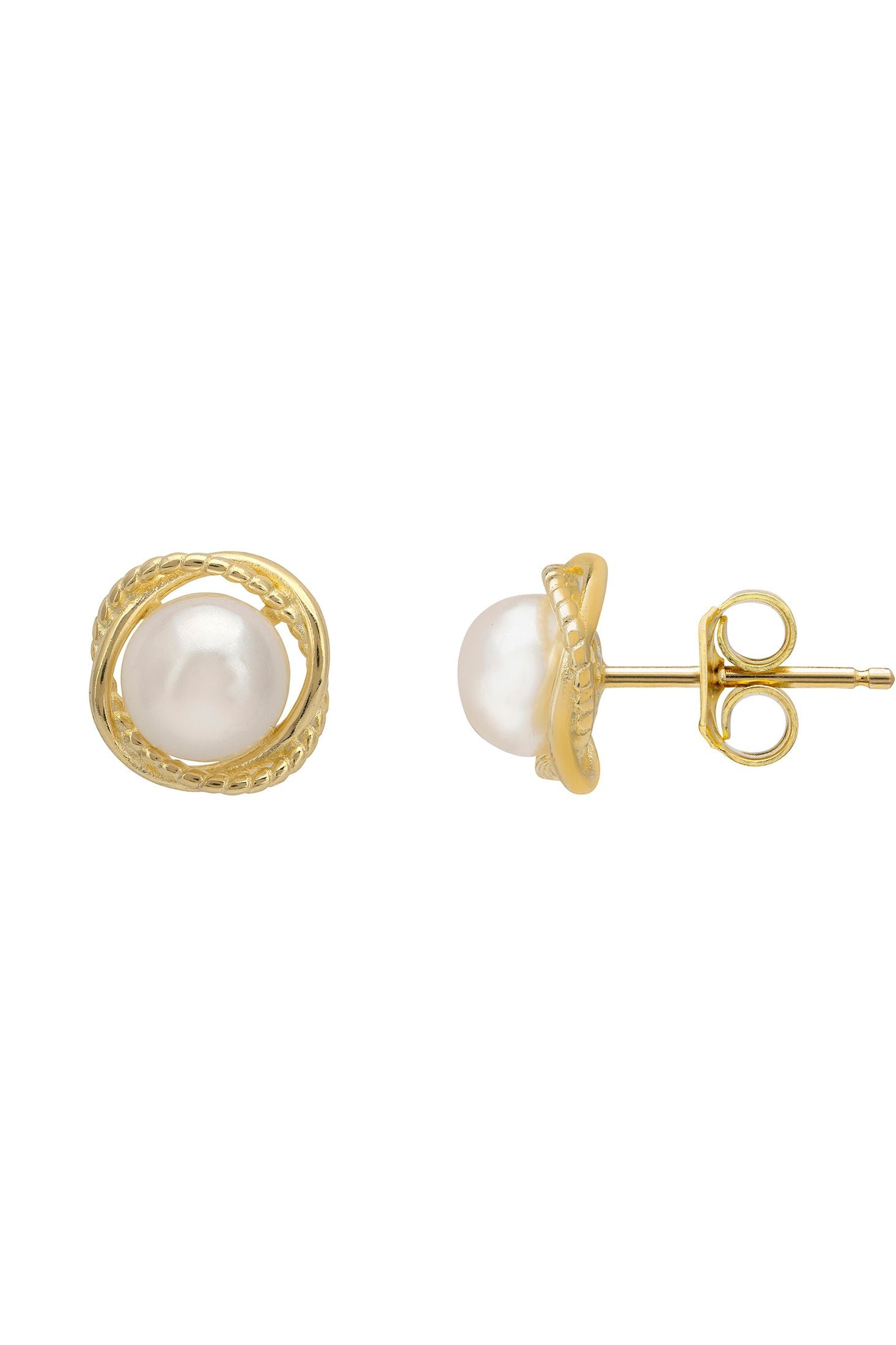 Gold earrings with pearls on a white background
