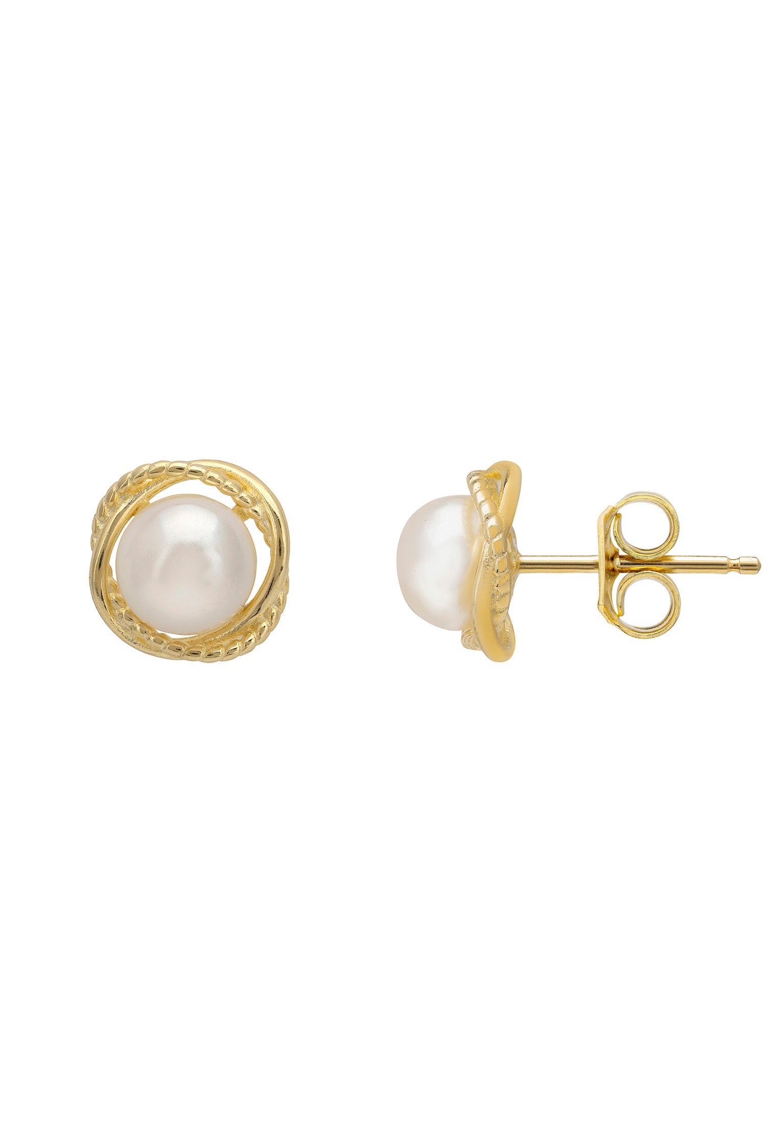 Gold earrings with pearls on a white background