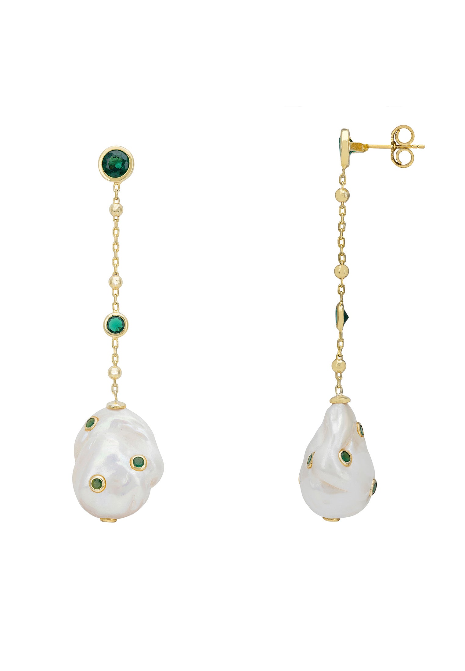 Polka Dot Baroque Pearl Chain Drop Earrings Gold Emerald