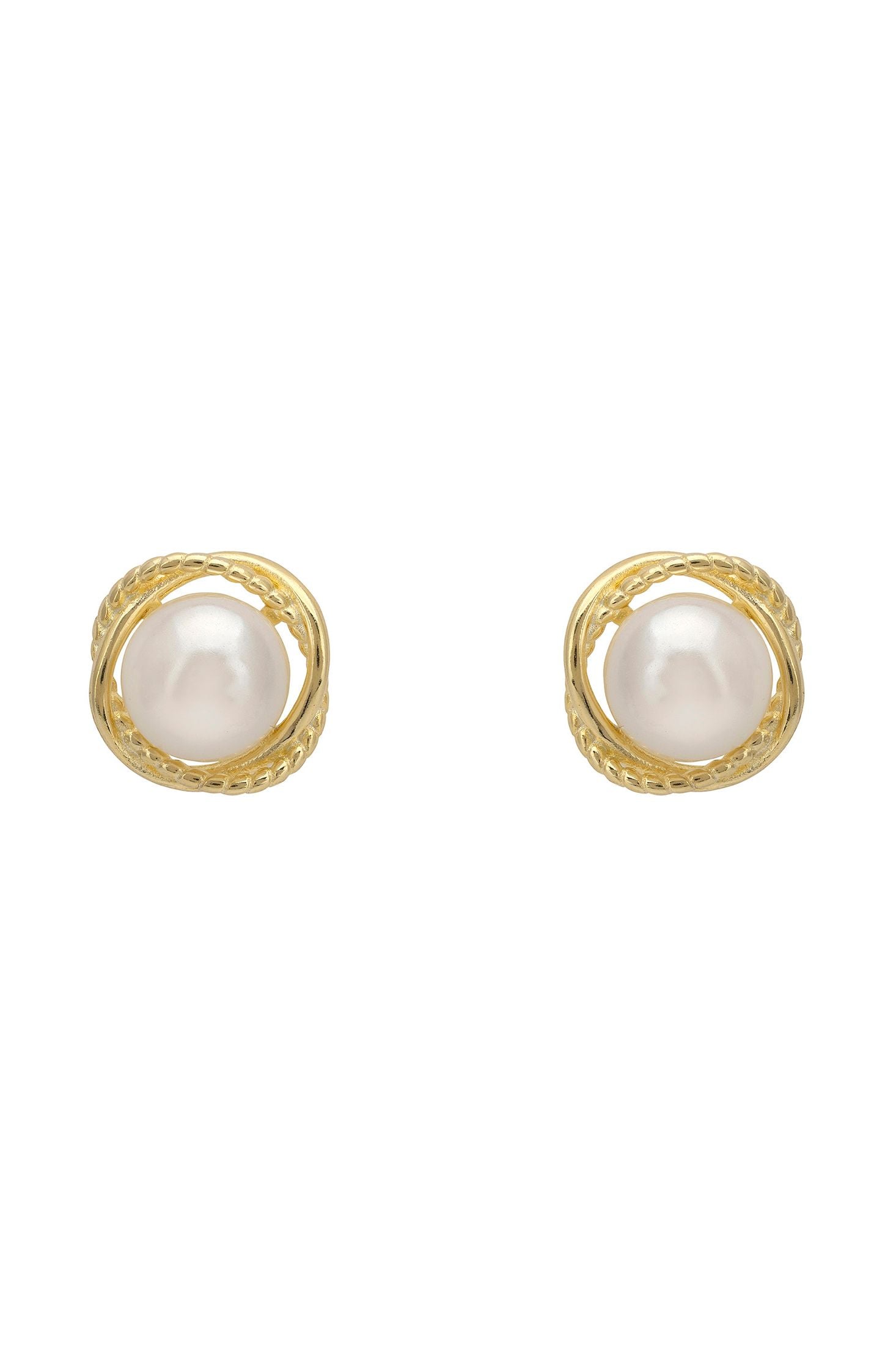 Pair of pearl earrings with gold settings on a white background