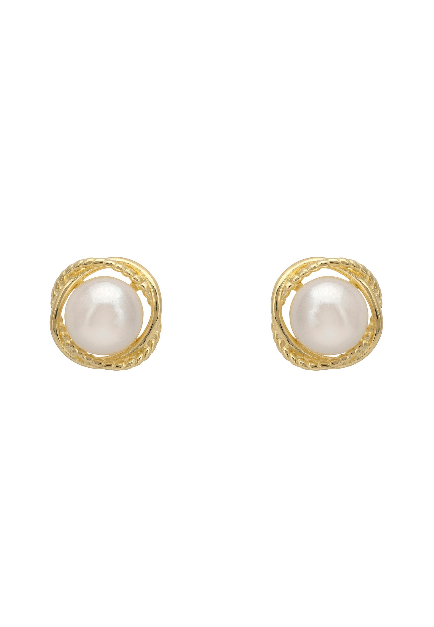 Pair of pearl earrings with gold settings on a white background