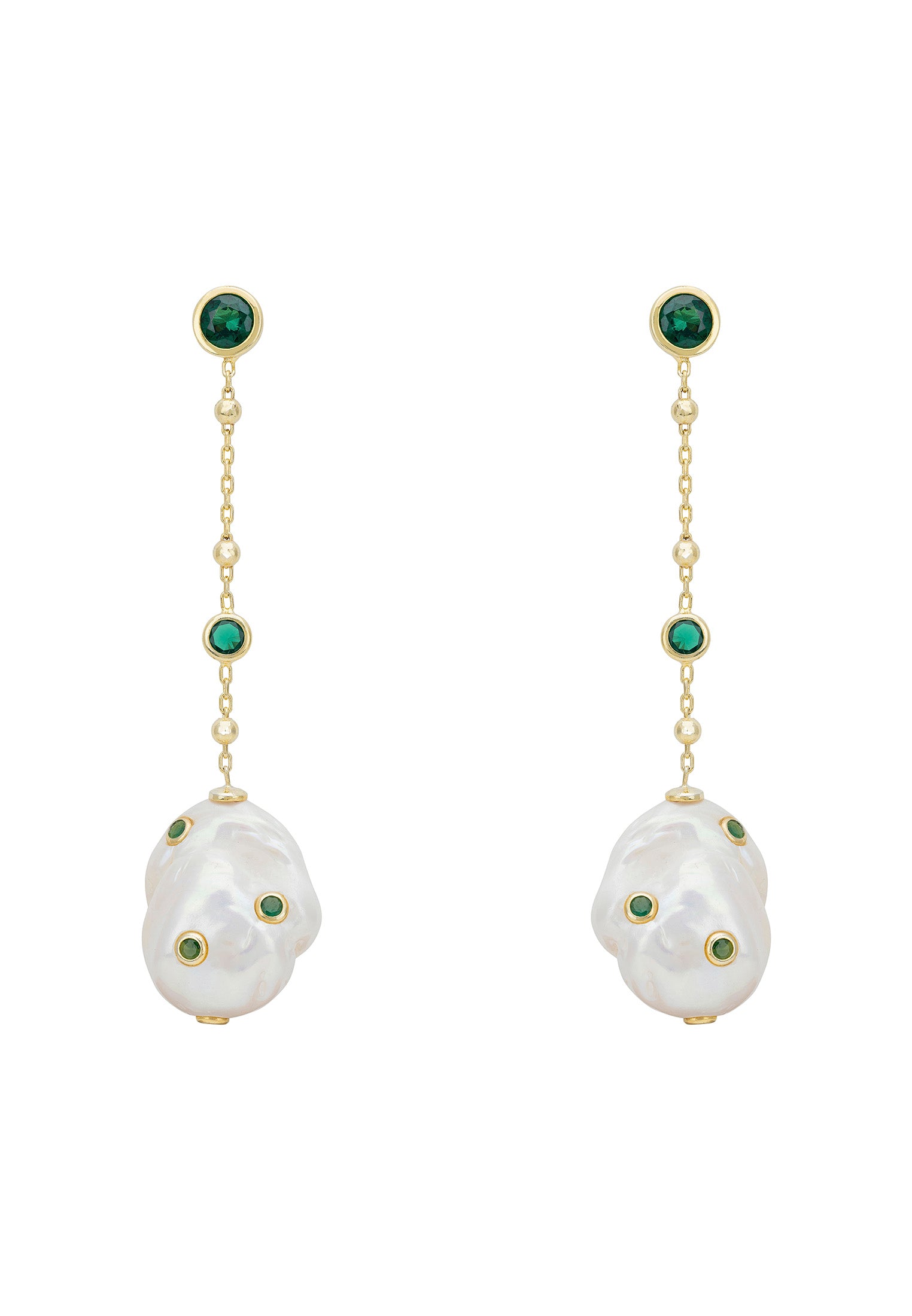 Polka Dot Baroque Pearl Chain Drop Earrings Gold Emerald