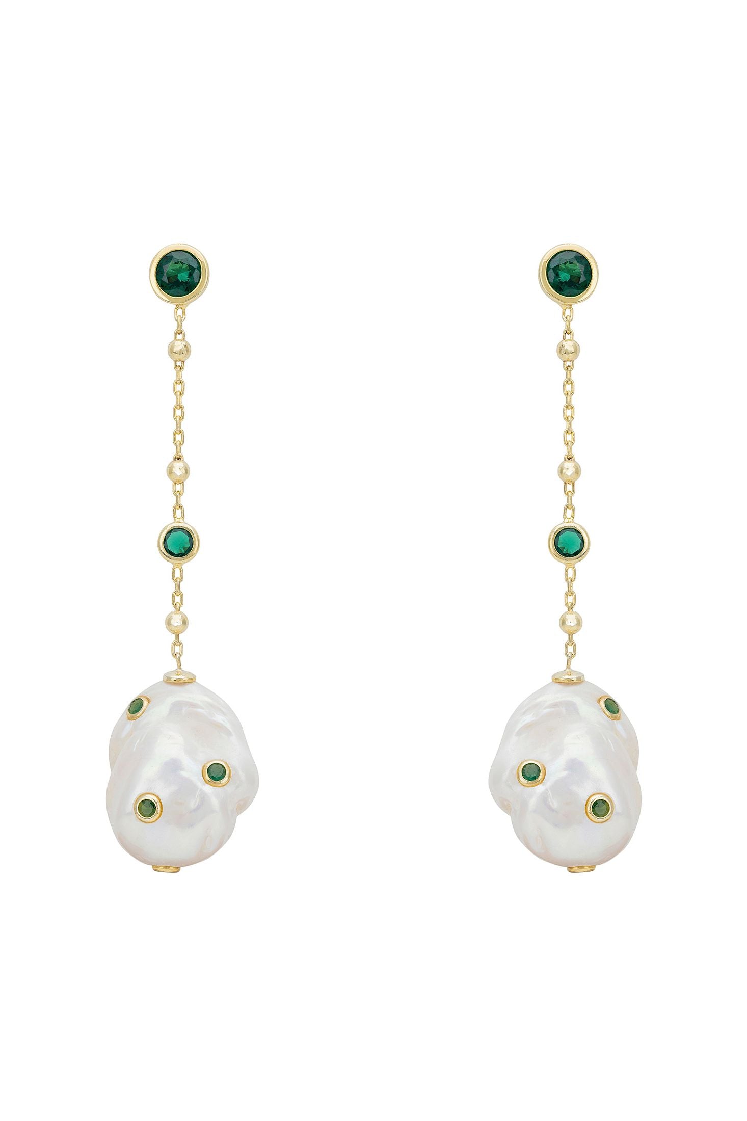 Front view of Polka Dot Baroque Pearl Chain Drop Earrings Gold Emerald, showing bee design, baroque pearl and pearl detailing, gold finish.