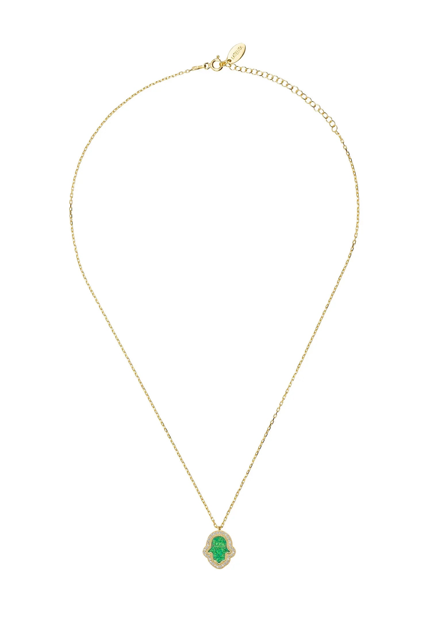 Green opal hamsa hand gold necklace.