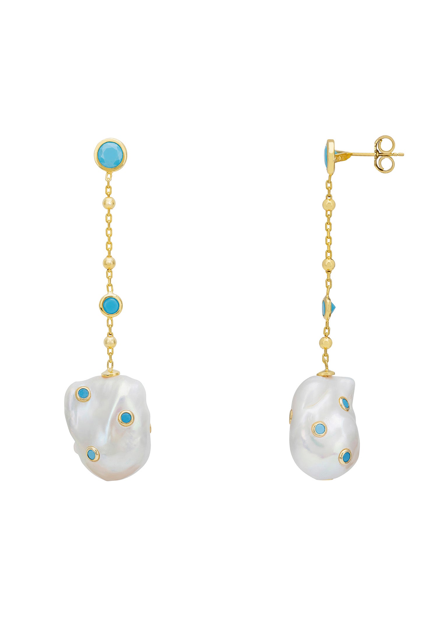 Polka Dot Baroque Pearl Chain Drop Earrings Gold Turquoise