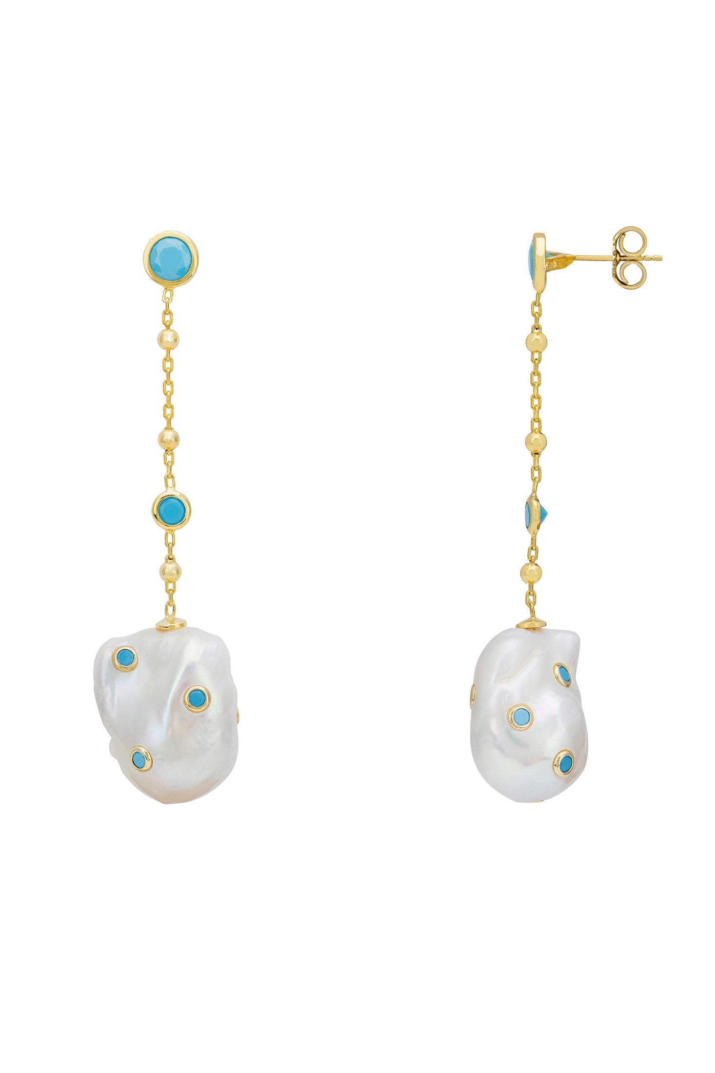 Angled view of Polka Dot Baroque Pearl Chain Drop Earrings Gold Turquoise, showing baroque pearl and pearl detailing, gold finish and the jewellery profile.