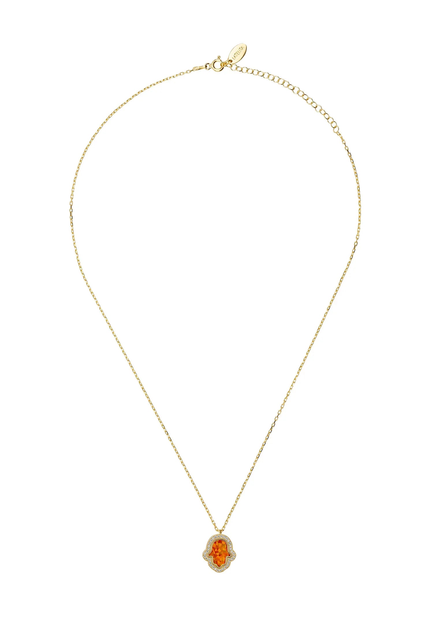 Orange opal hamsa hand gold necklace.