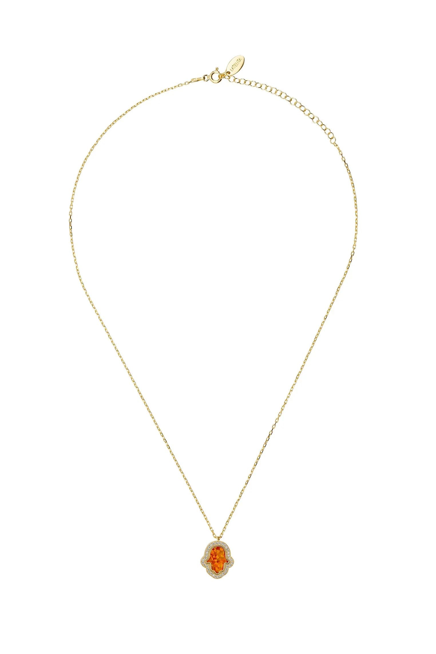 Orange opal hamsa hand gold necklace.