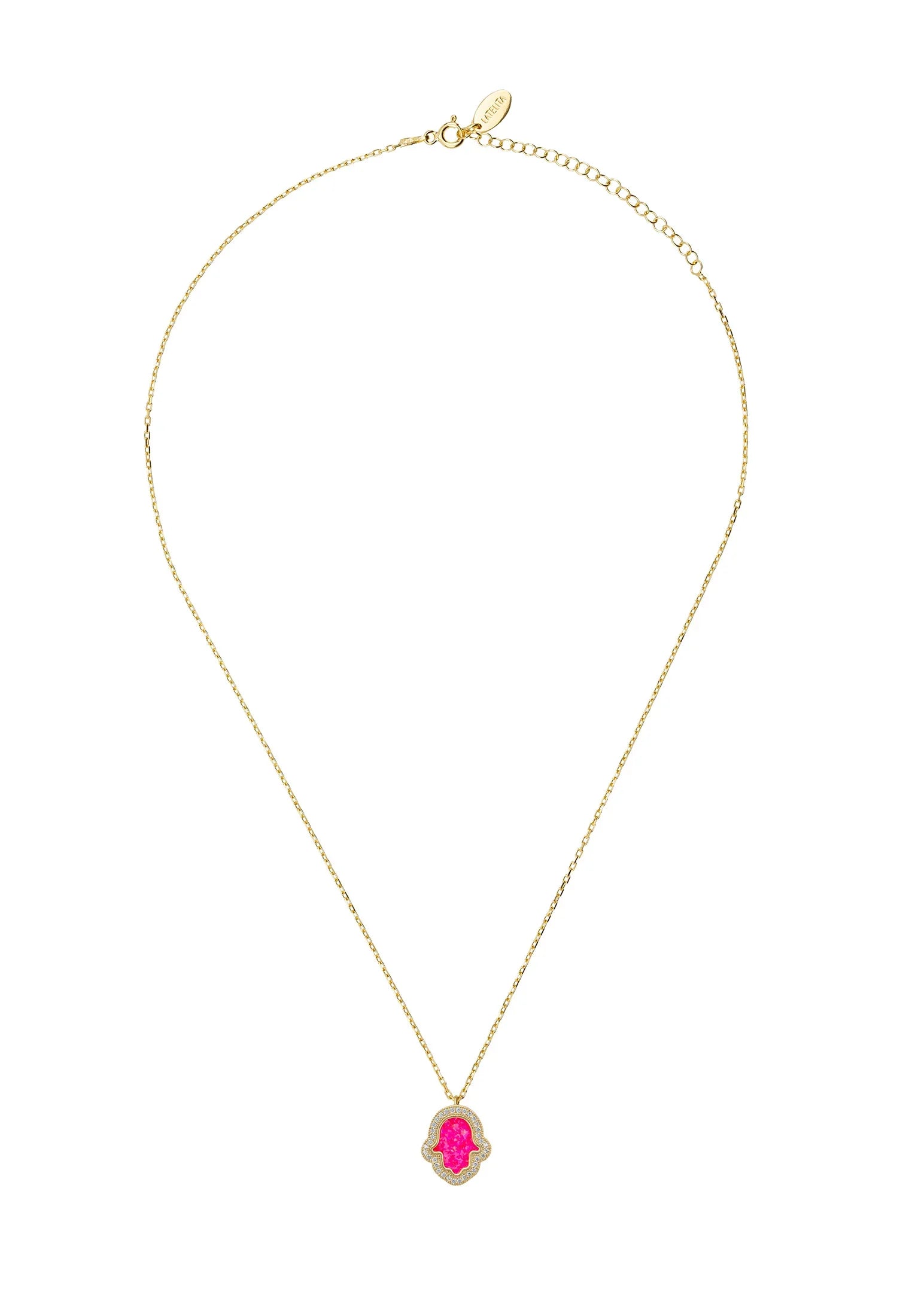 Pink opal hamsa hand gold necklace.