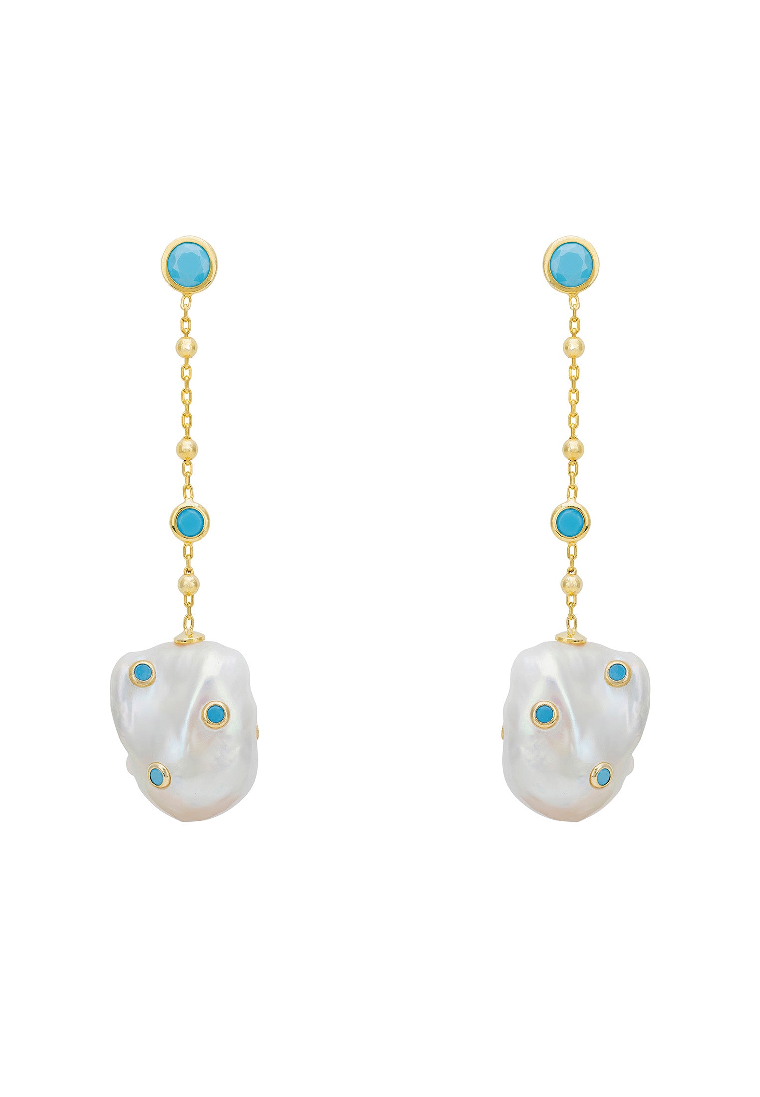Polka Dot Baroque Pearl Chain Drop Earrings Gold Turquoise