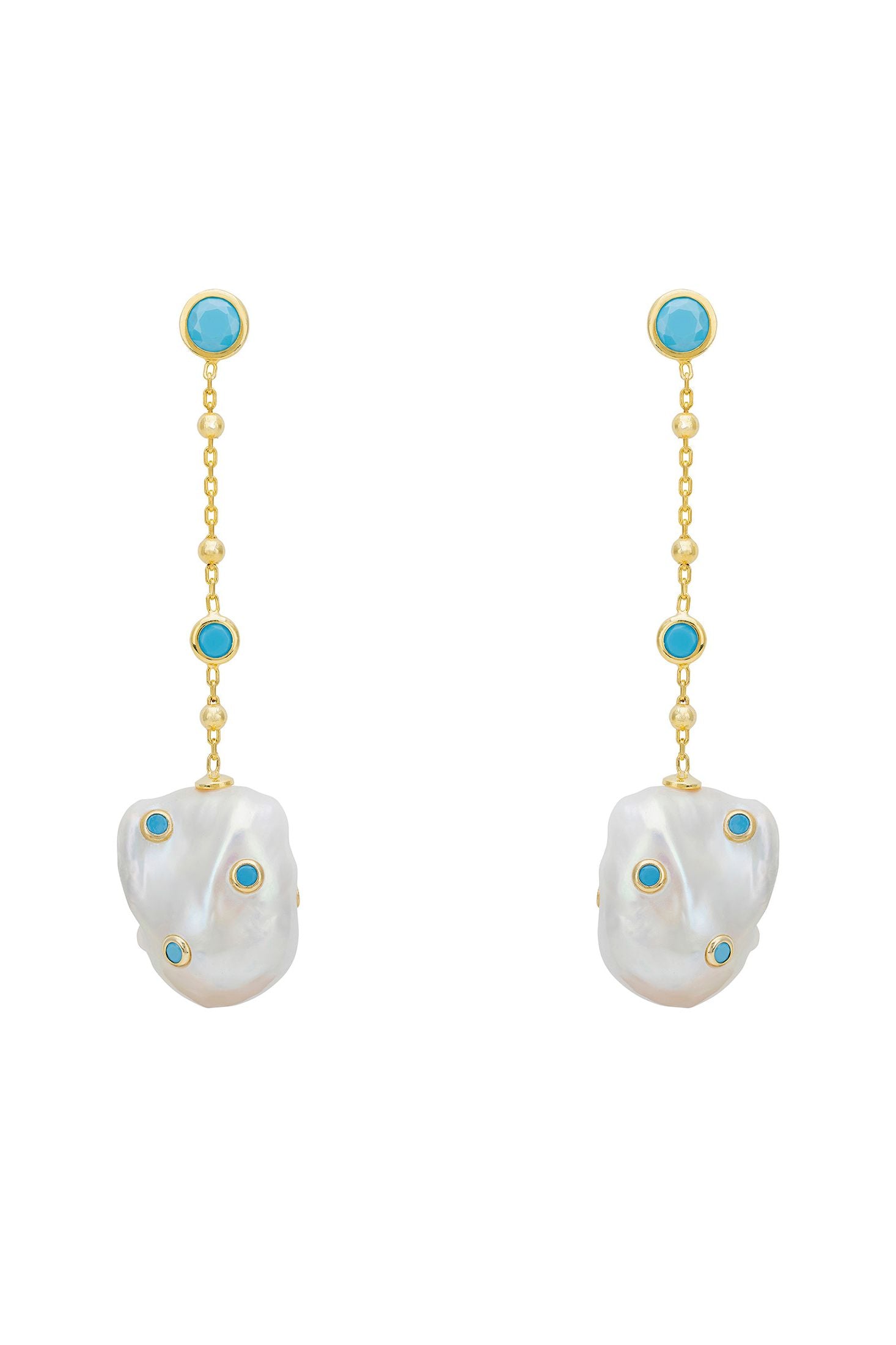 Front view of Polka Dot Baroque Pearl Chain Drop Earrings Gold Turquoise, showing bee design, baroque pearl and pearl detailing, gold finish.