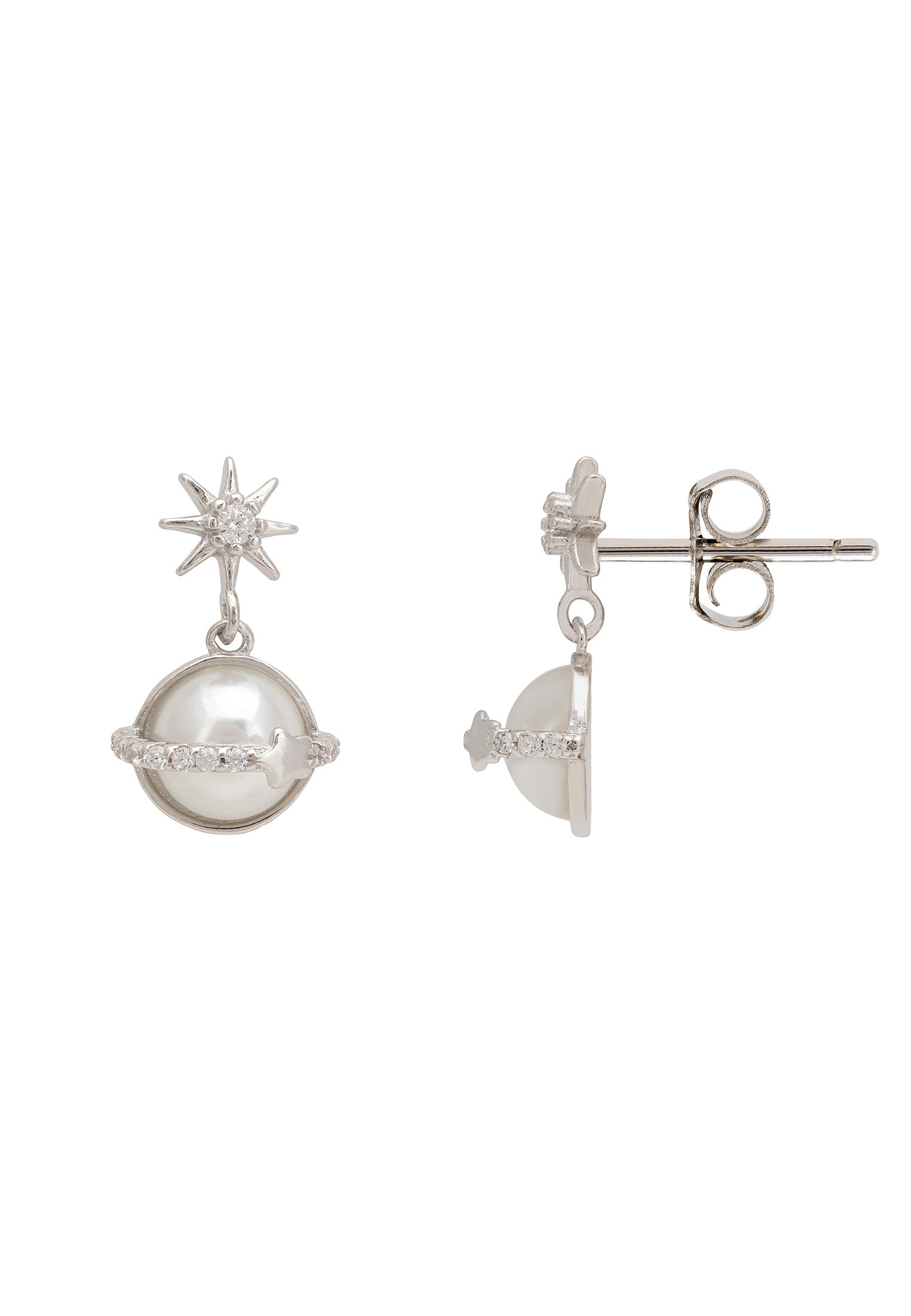 Saturn Starburst Pearl Drop Earrings Silver