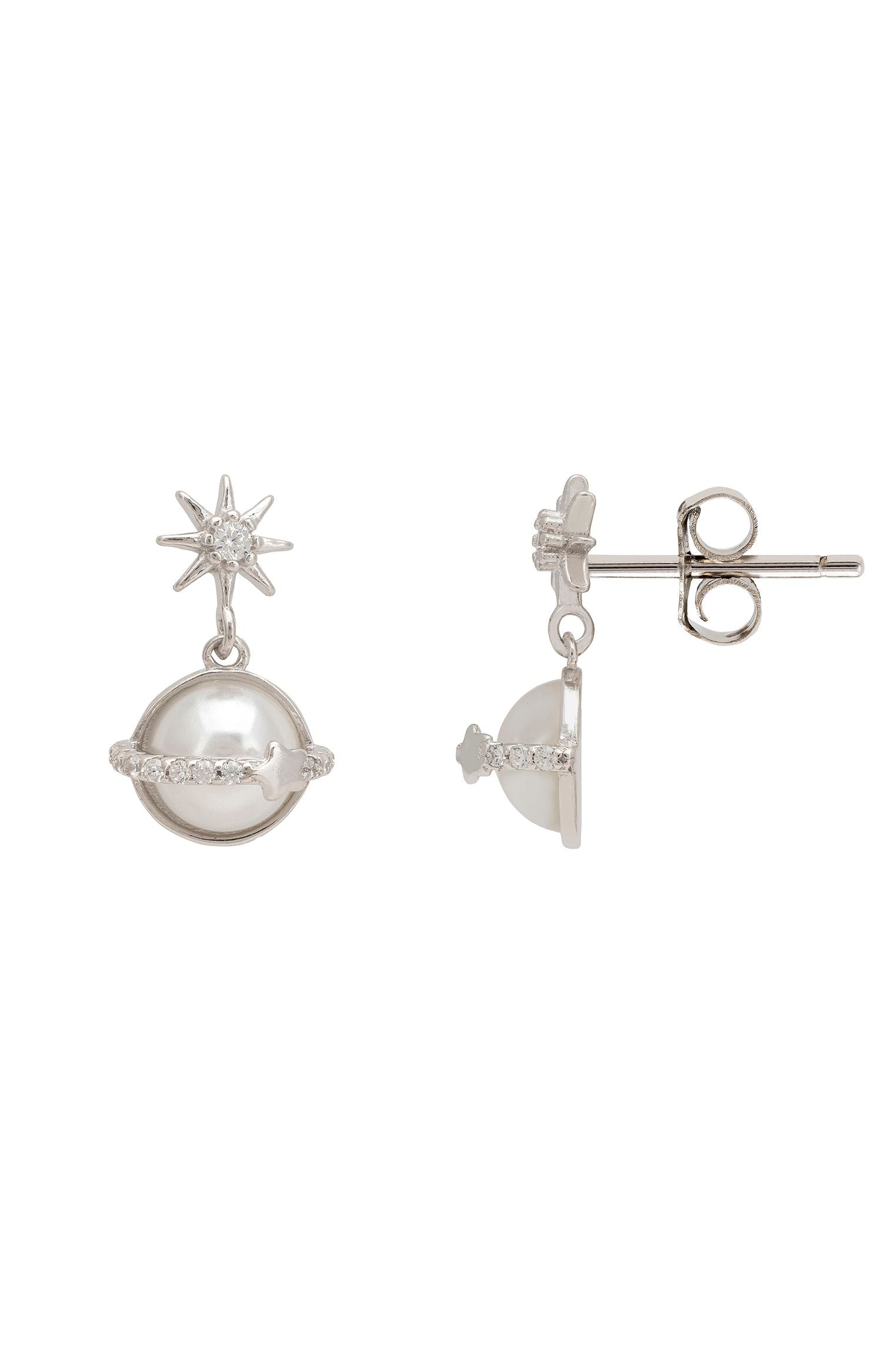 Saturn Starburst Pearl Drop Earrings Silver