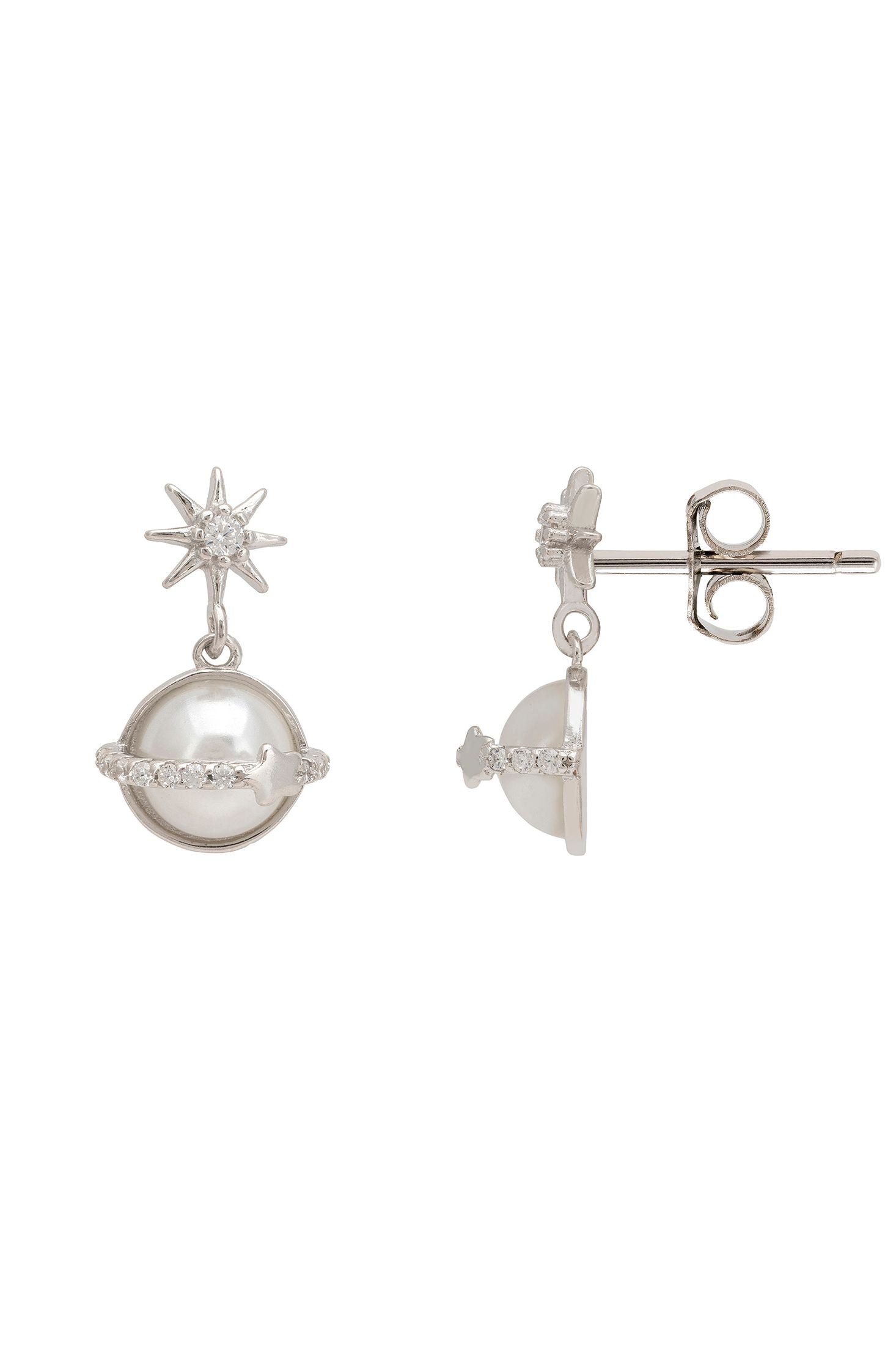Pair of silver earrings with star and planet designs on a white background