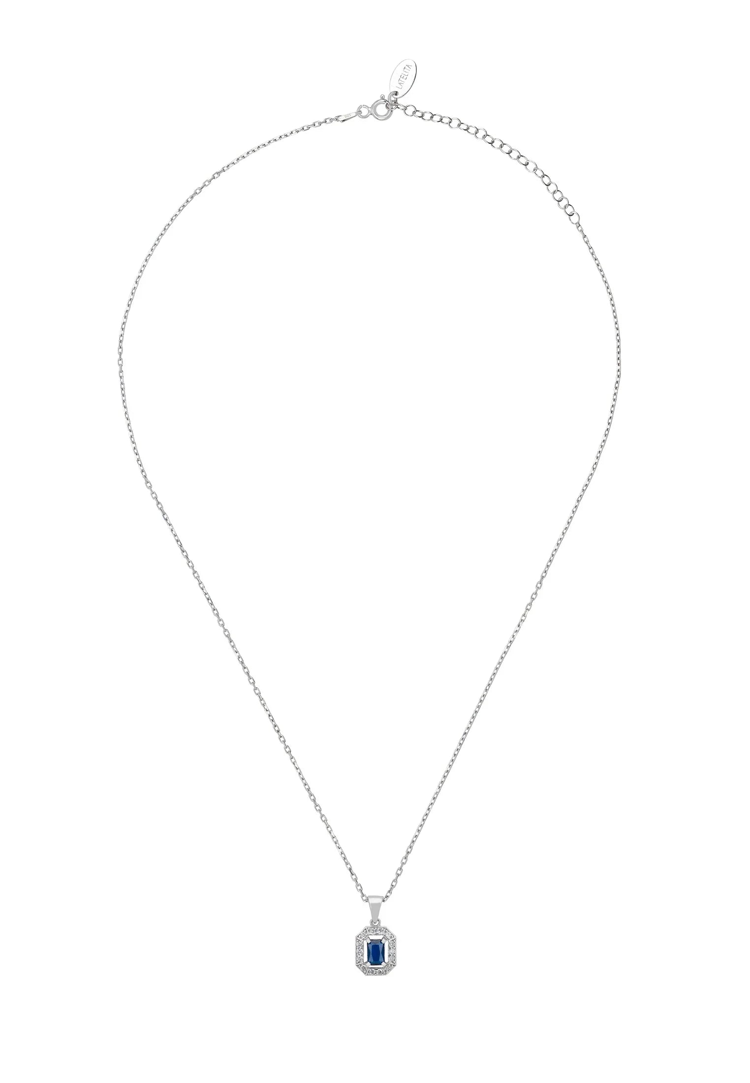 Diamond halo sapphire silver pendant necklace.