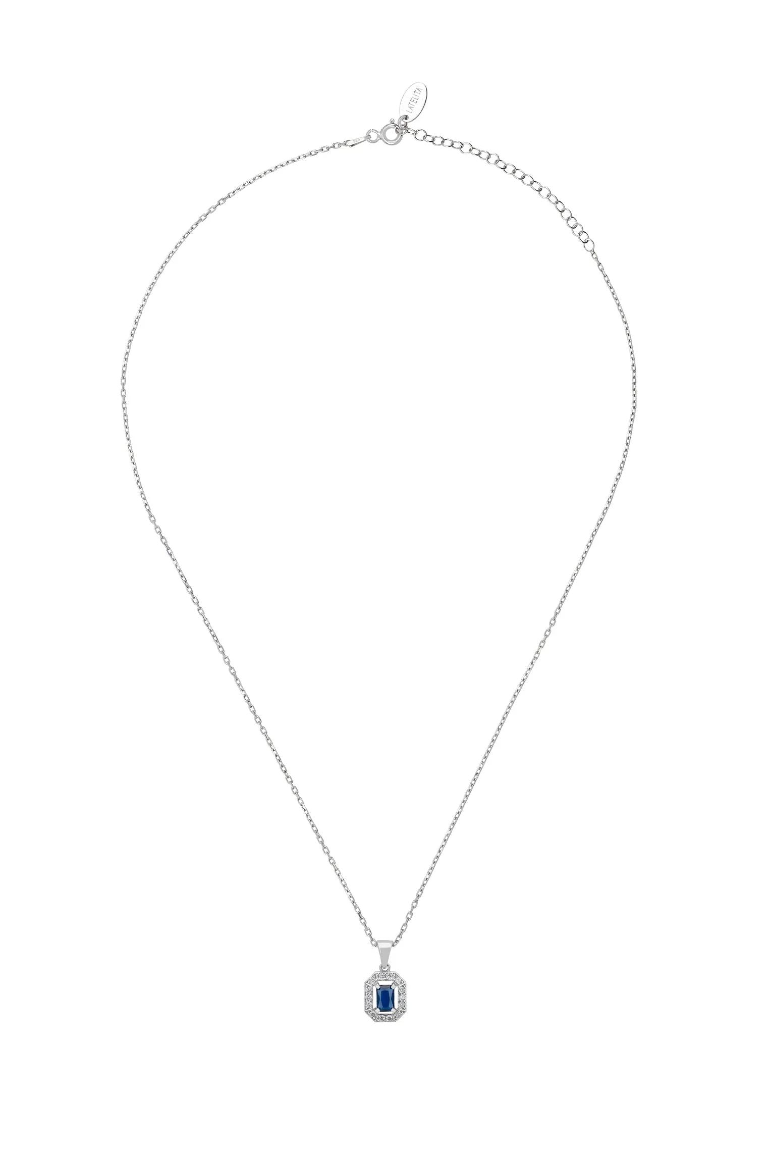 Diamond halo sapphire silver pendant necklace.