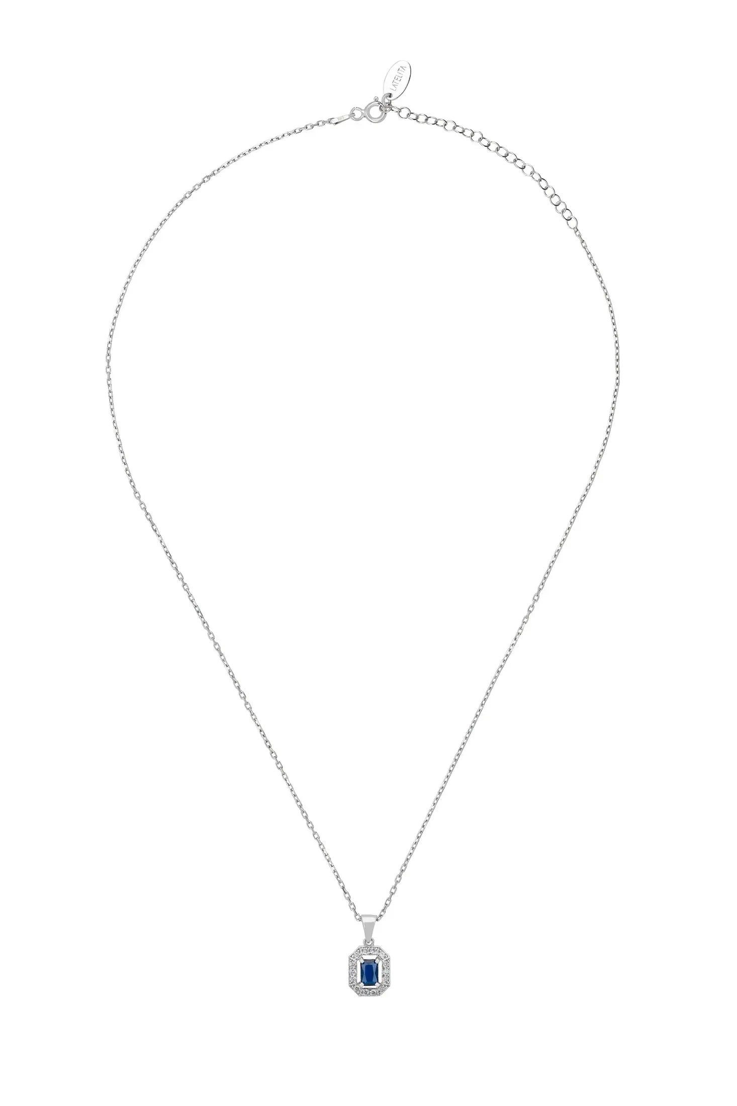 Diamond halo sapphire silver pendant necklace.