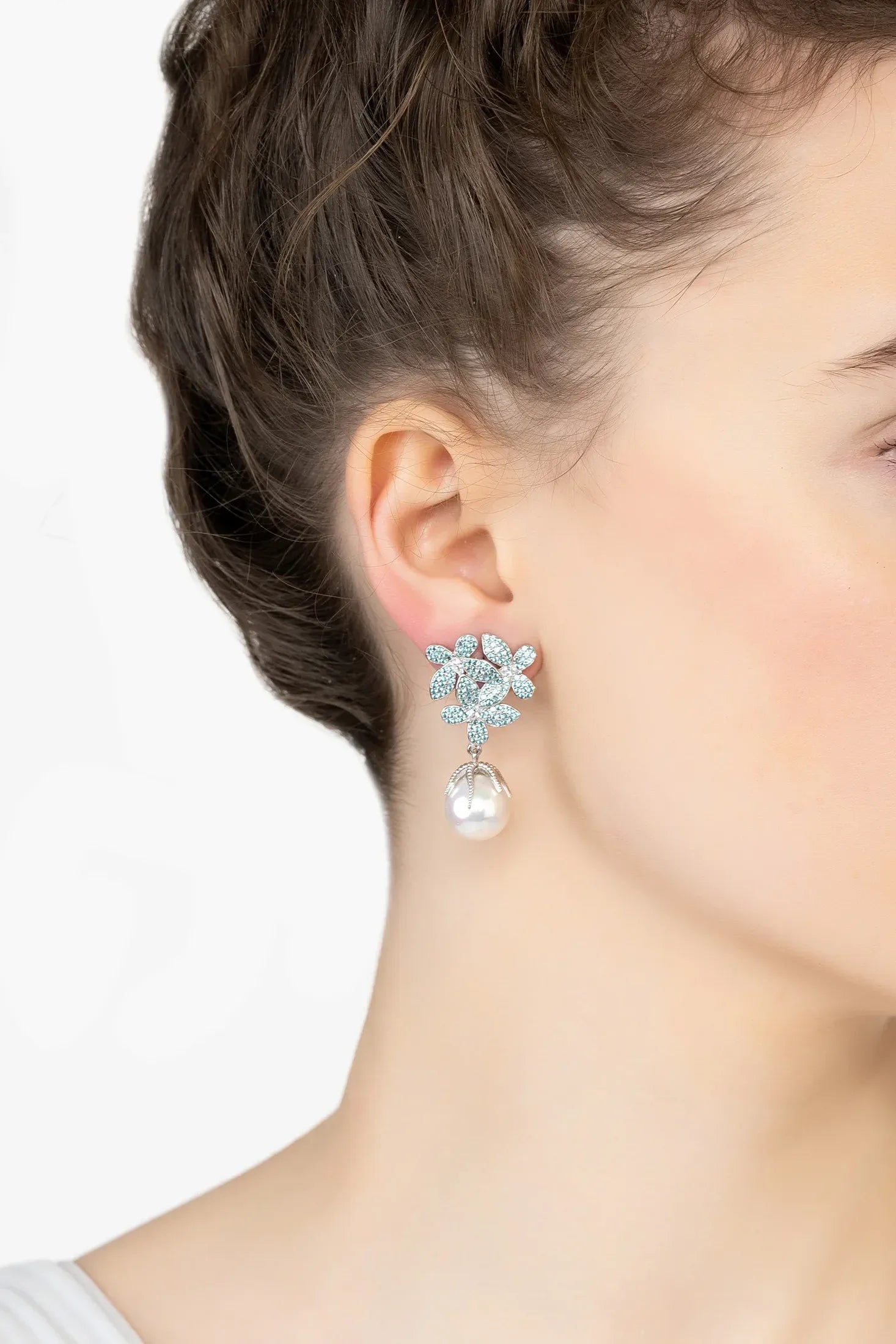 Flowers Pearl Earrings Aqua Blue Silver