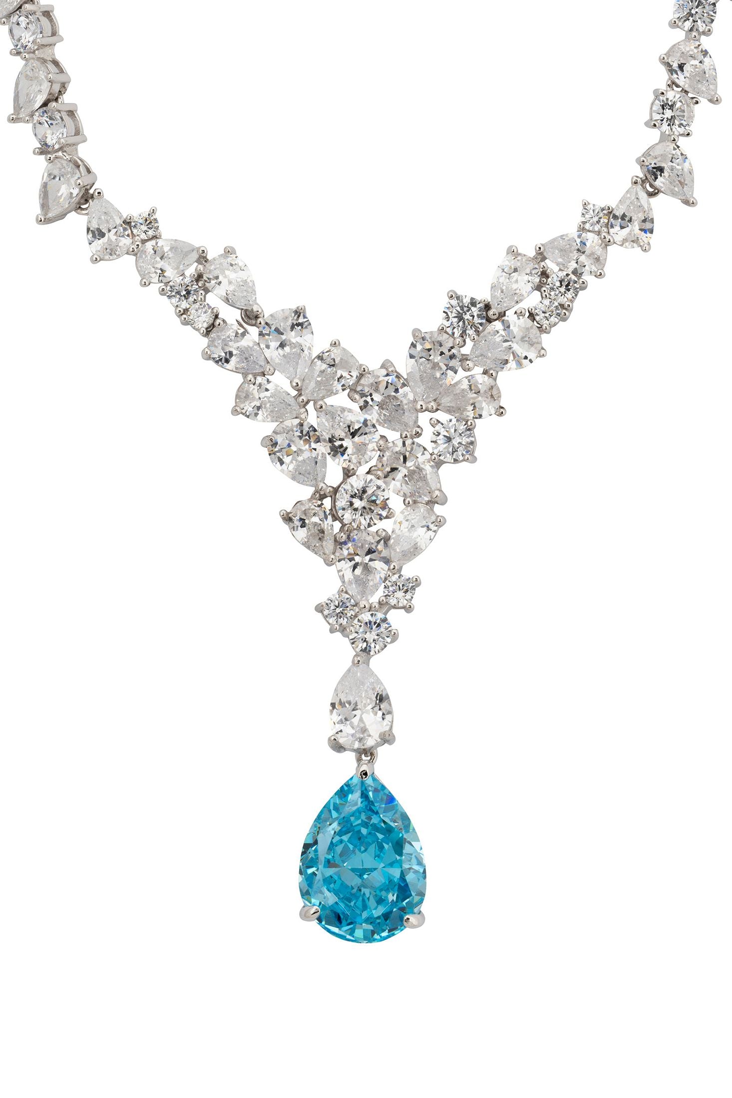 Close-up of the teardrop blue gemstone centerpiece.