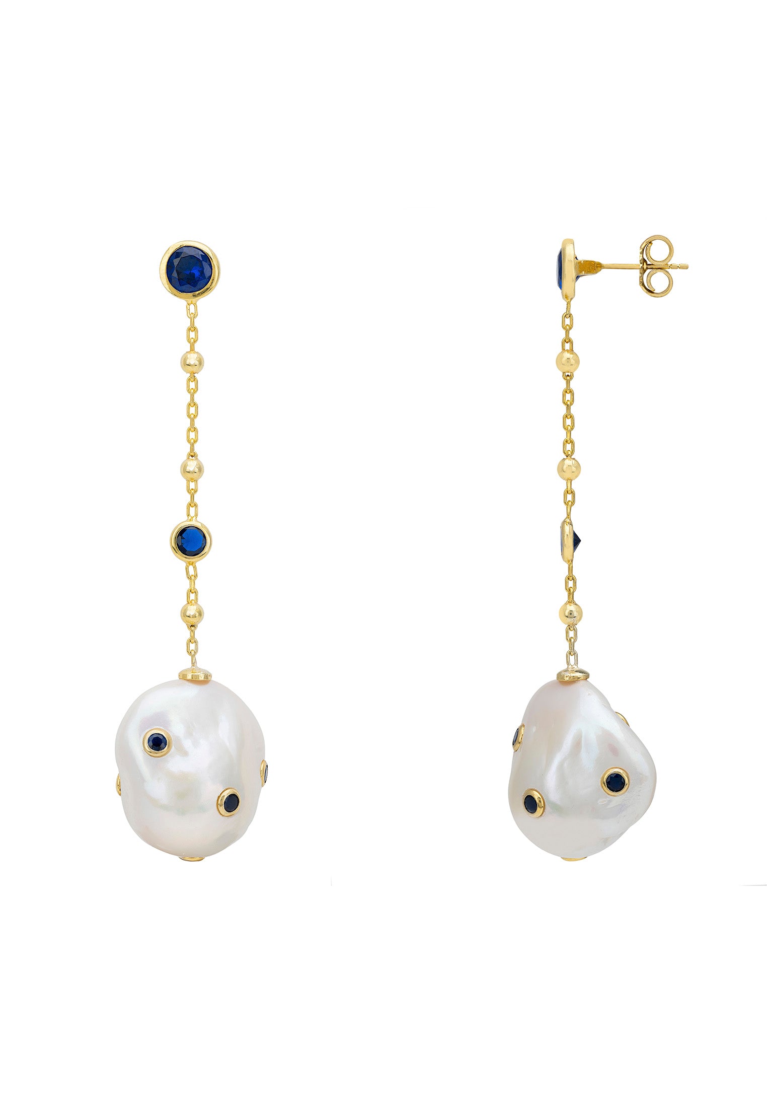 Polka Dot Baroque Pearl Chain Drop Earrings Gold Sapphire