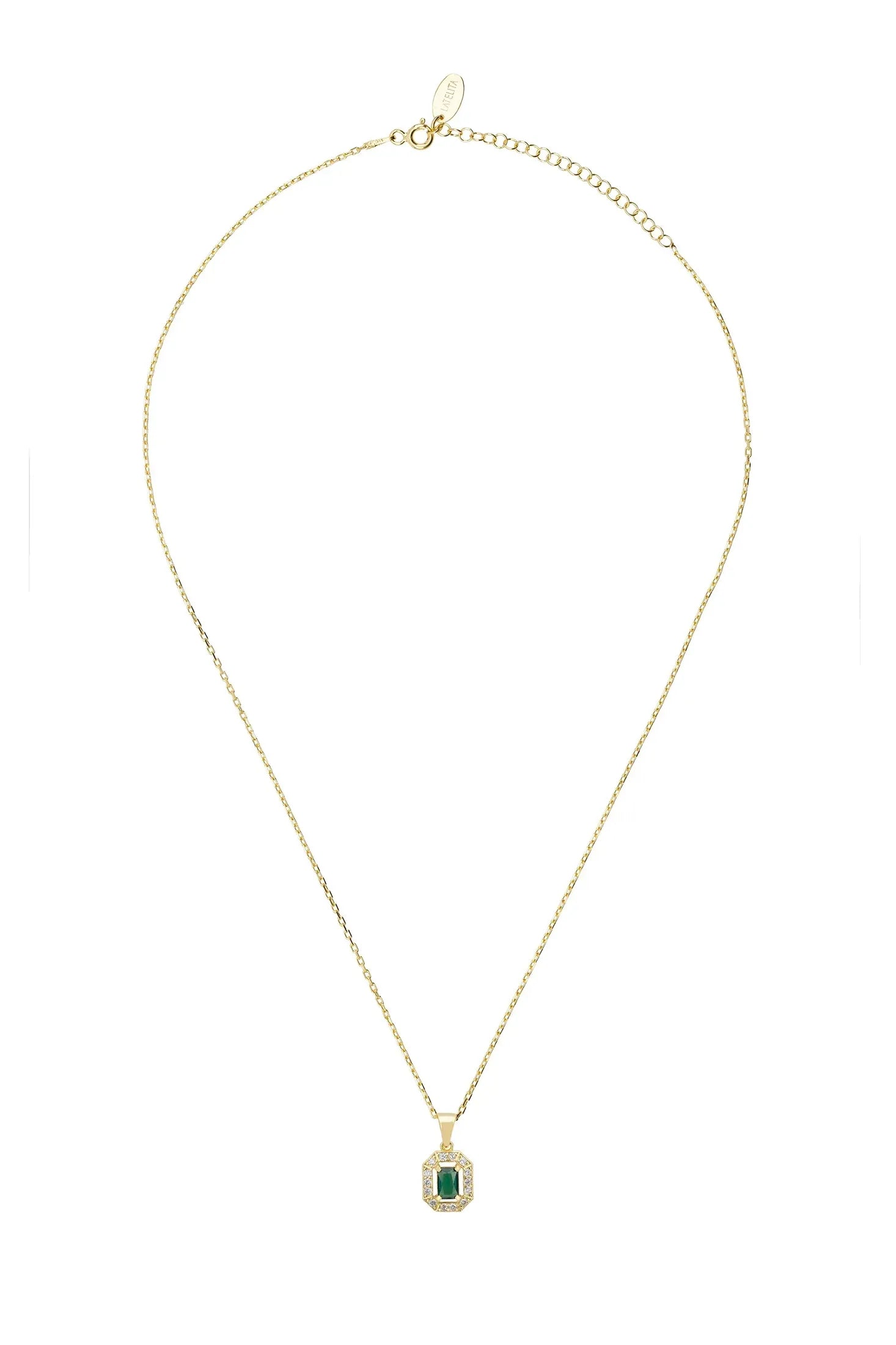 Diamond halo emerald gold pendant necklace.