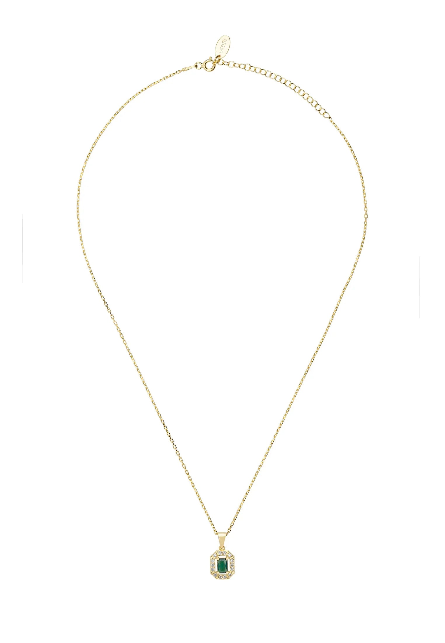 Diamond halo emerald gold pendant necklace.