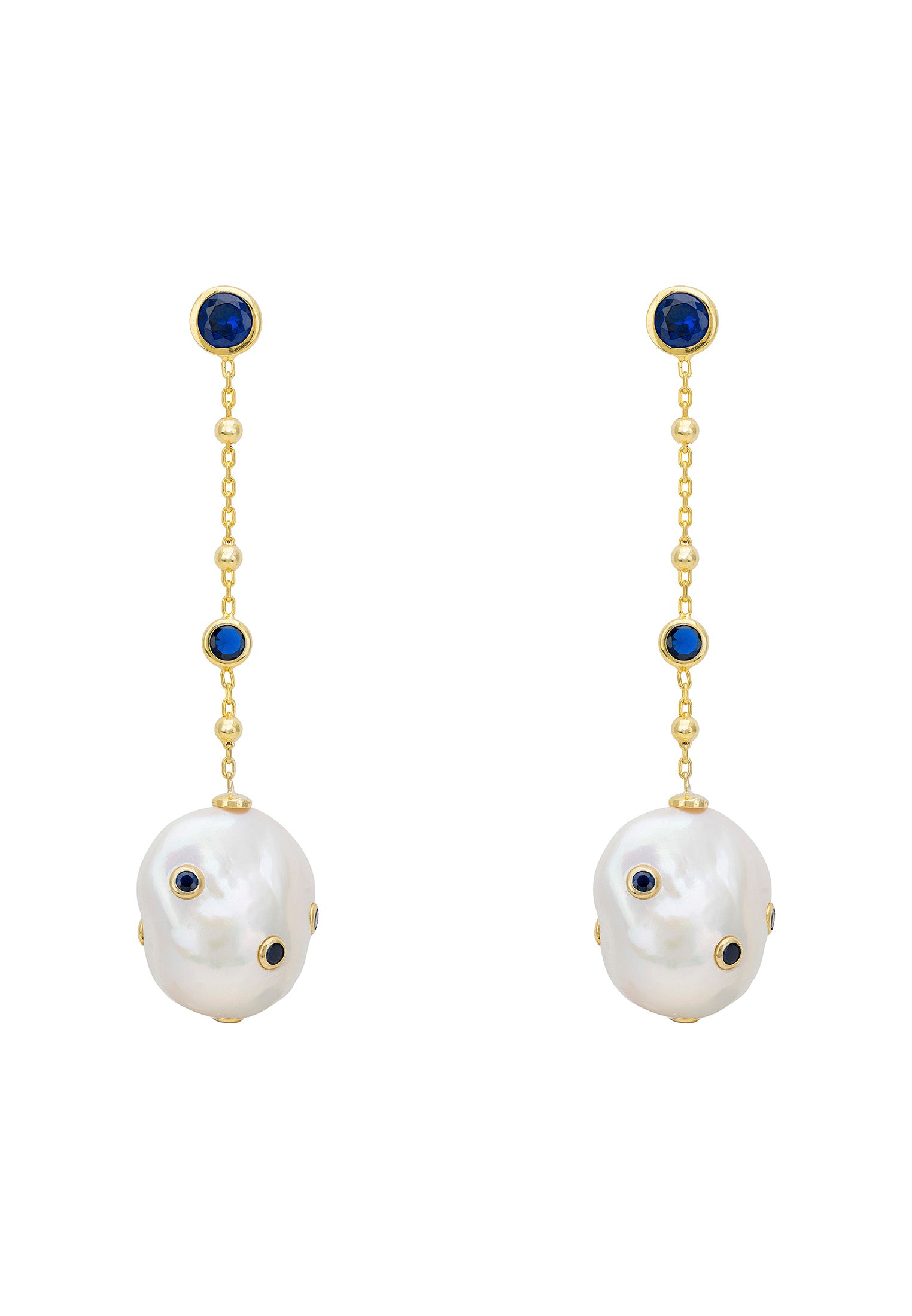 Polka Dot Baroque Pearl Chain Drop Earrings Gold Sapphire