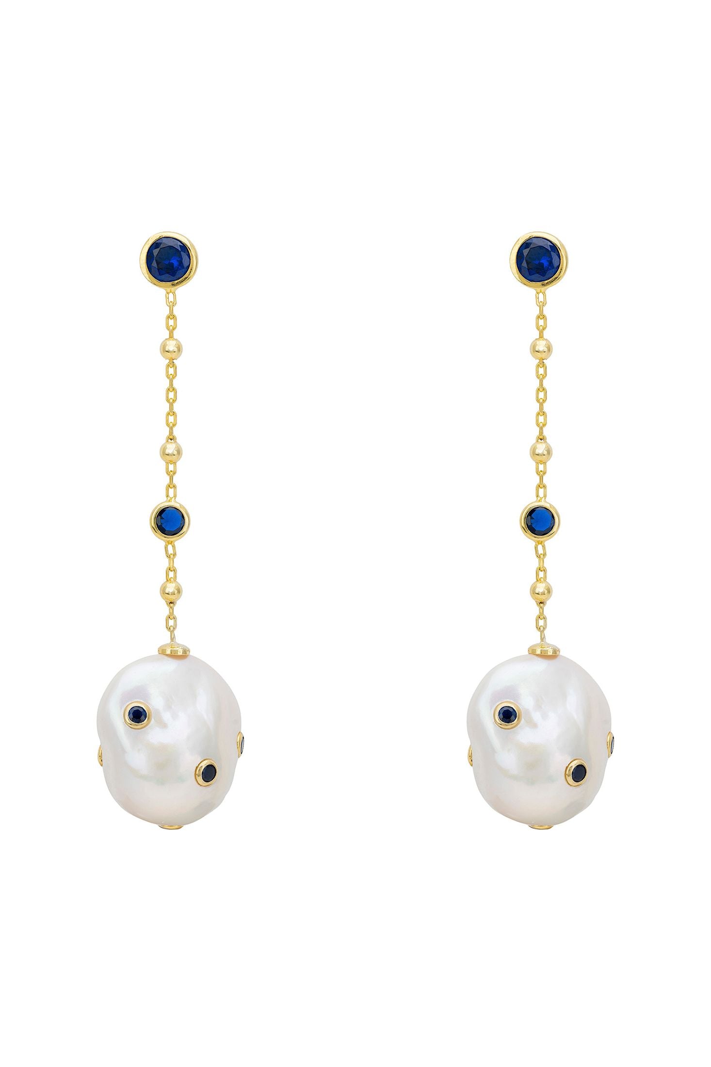 Front view of Polka Dot Baroque Pearl Chain Drop Earrings Gold Sapphire, showing cat design, baroque pearl and pearl detailing, gold finish.