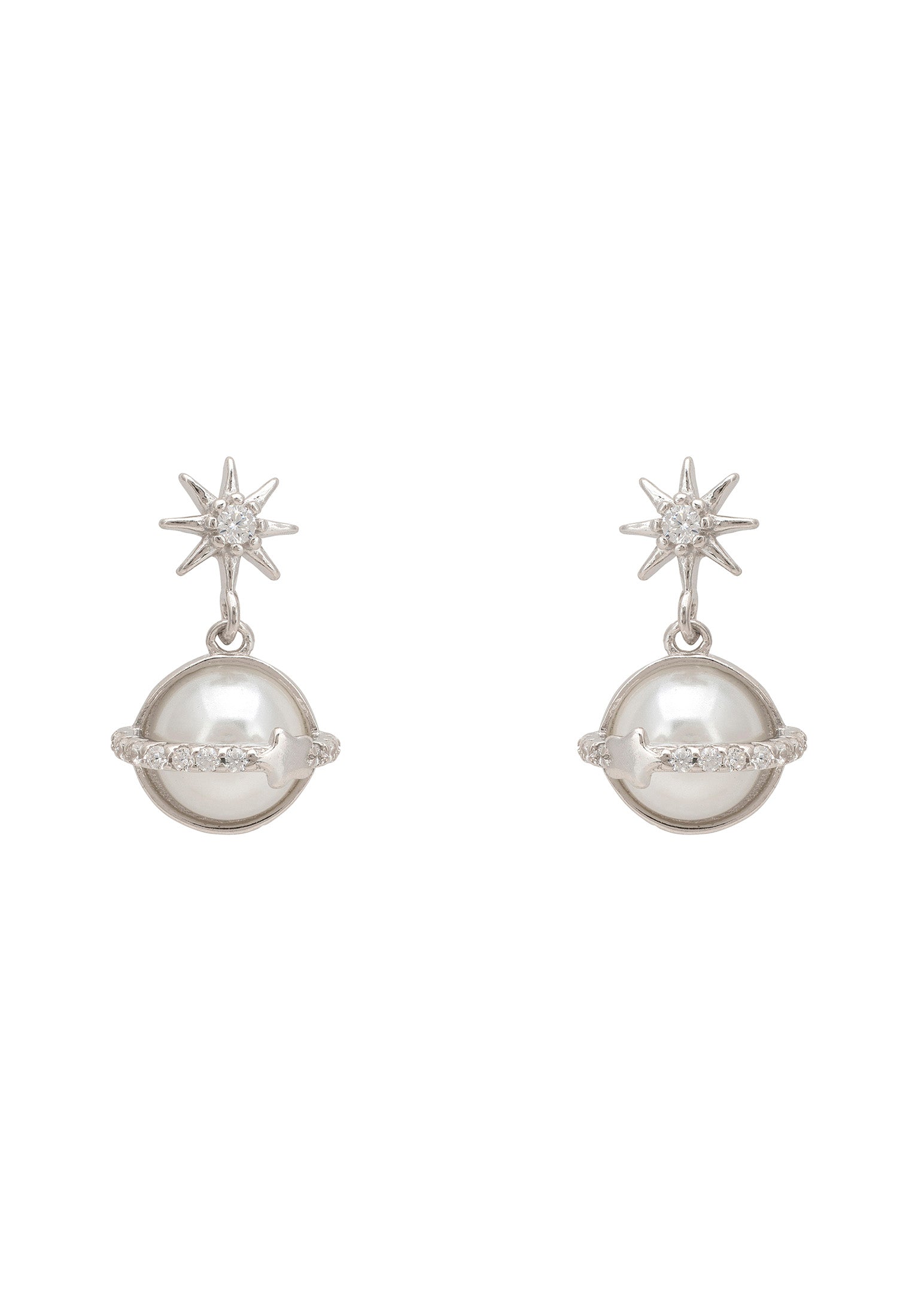 Saturn Starburst Pearl Drop Earrings Silver
