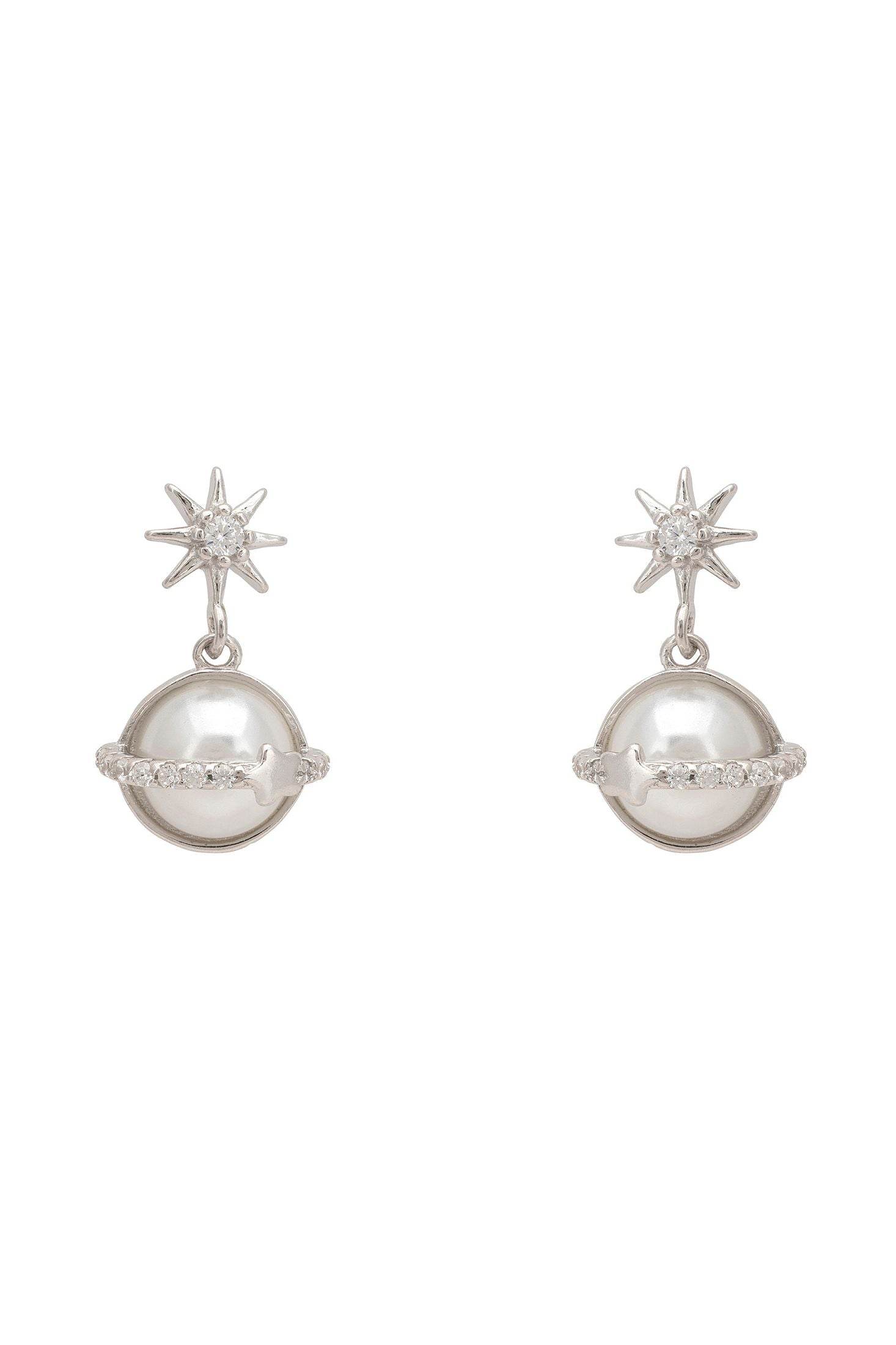 Pair of earrings with star-shaped top and round bottom on a white background