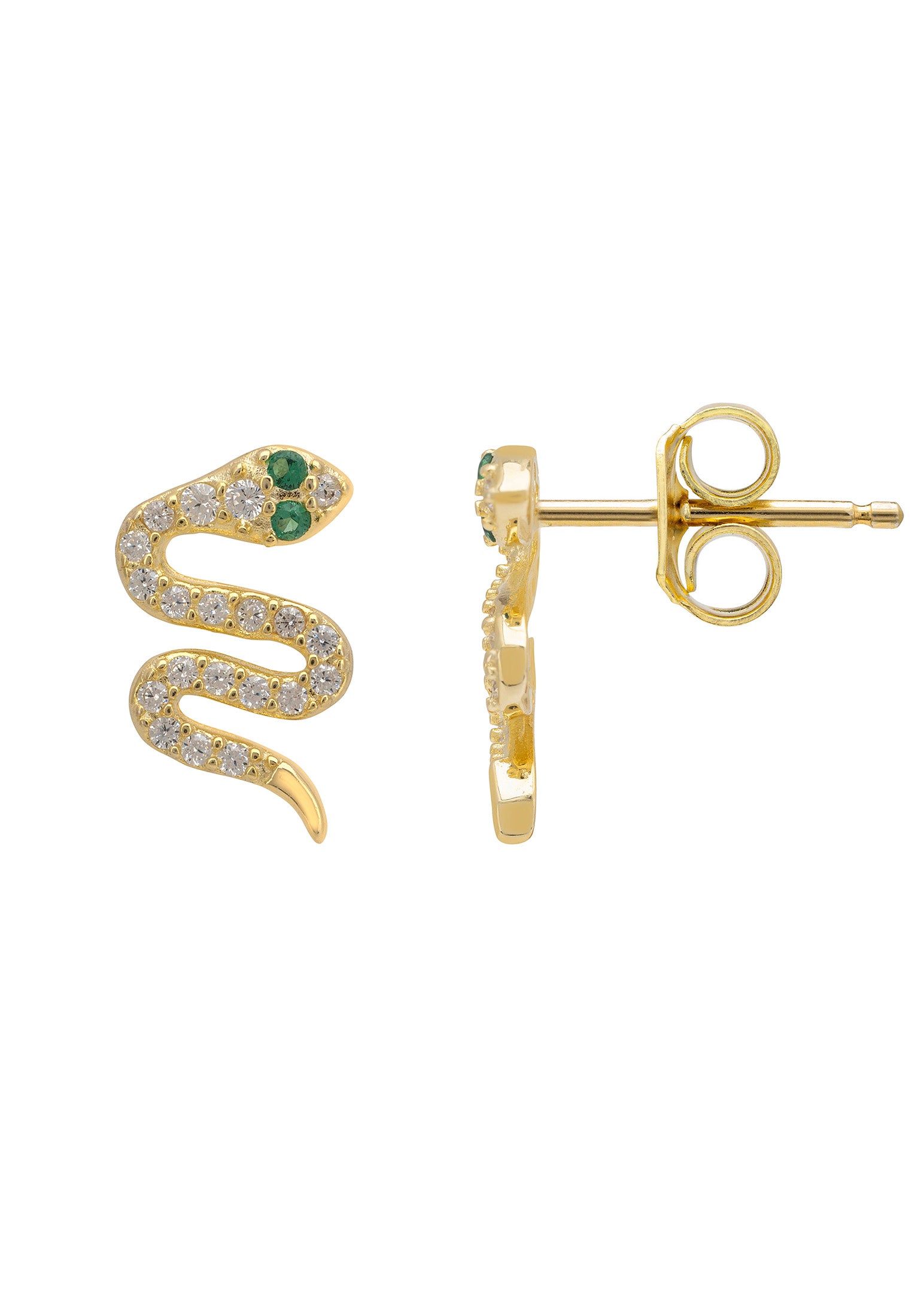 Gold snake-shaped earrings with green and clear gemstones on a white background
