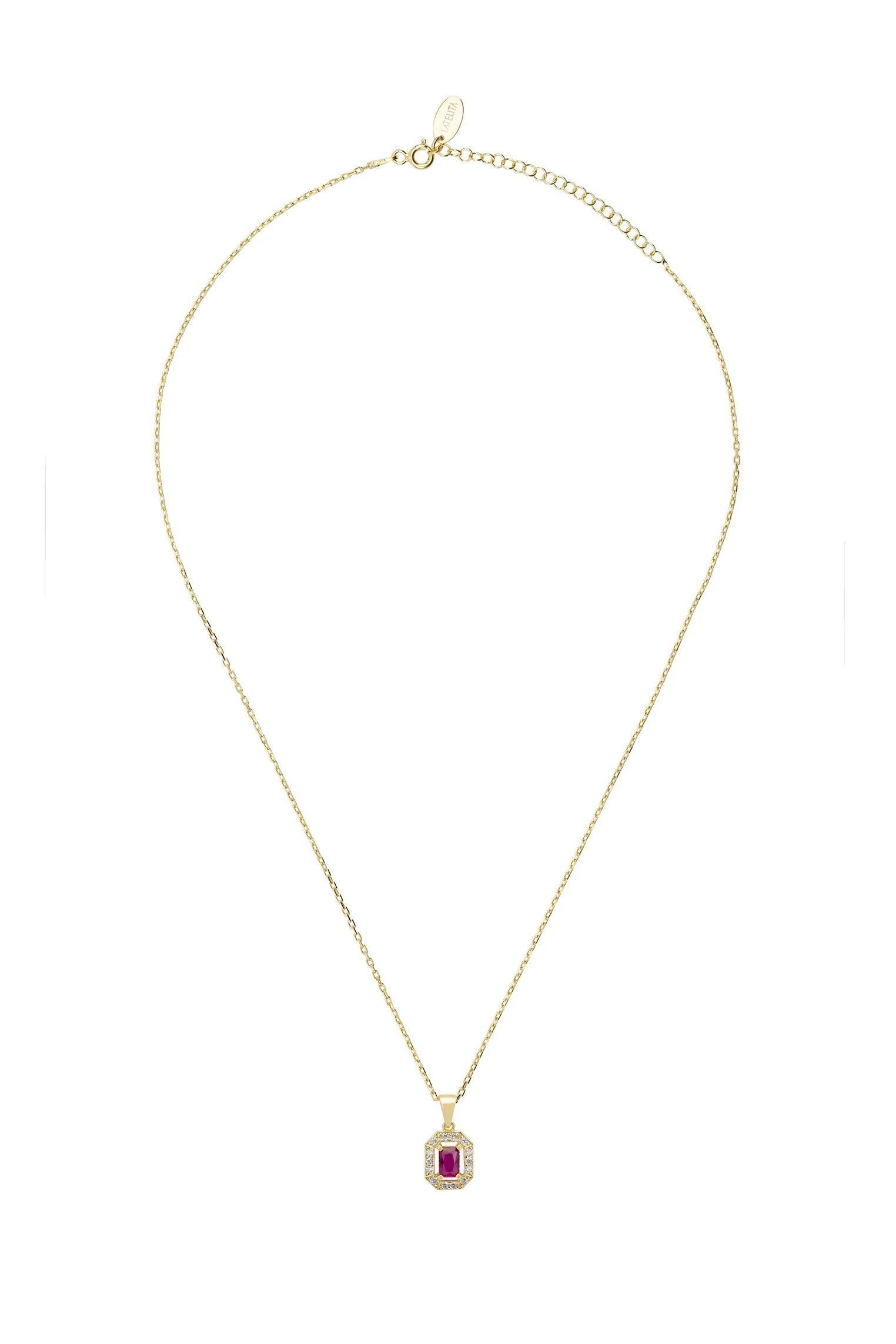 Diamond halo ruby gold pendant necklace.