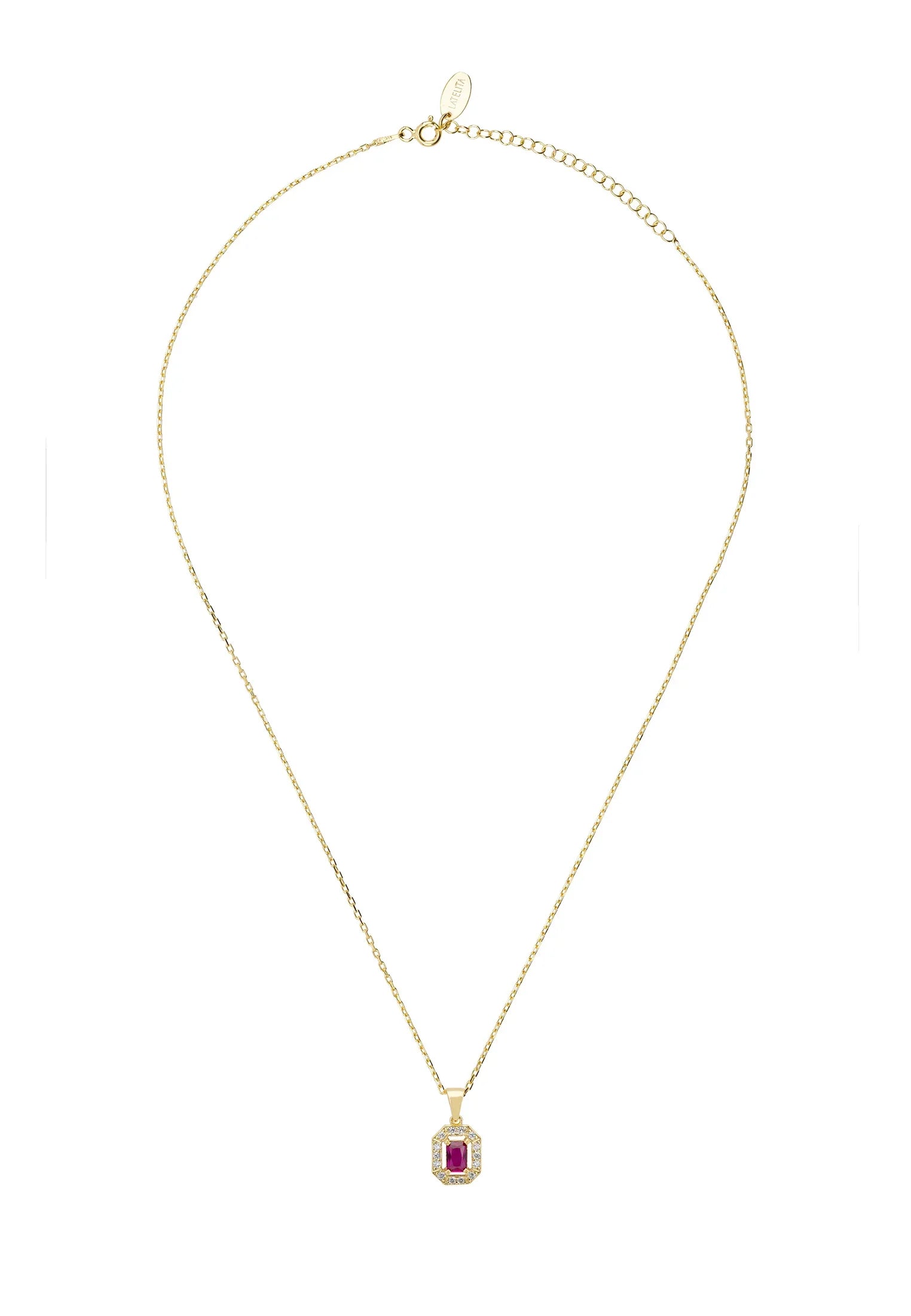 Diamond halo ruby gold pendant necklace.
