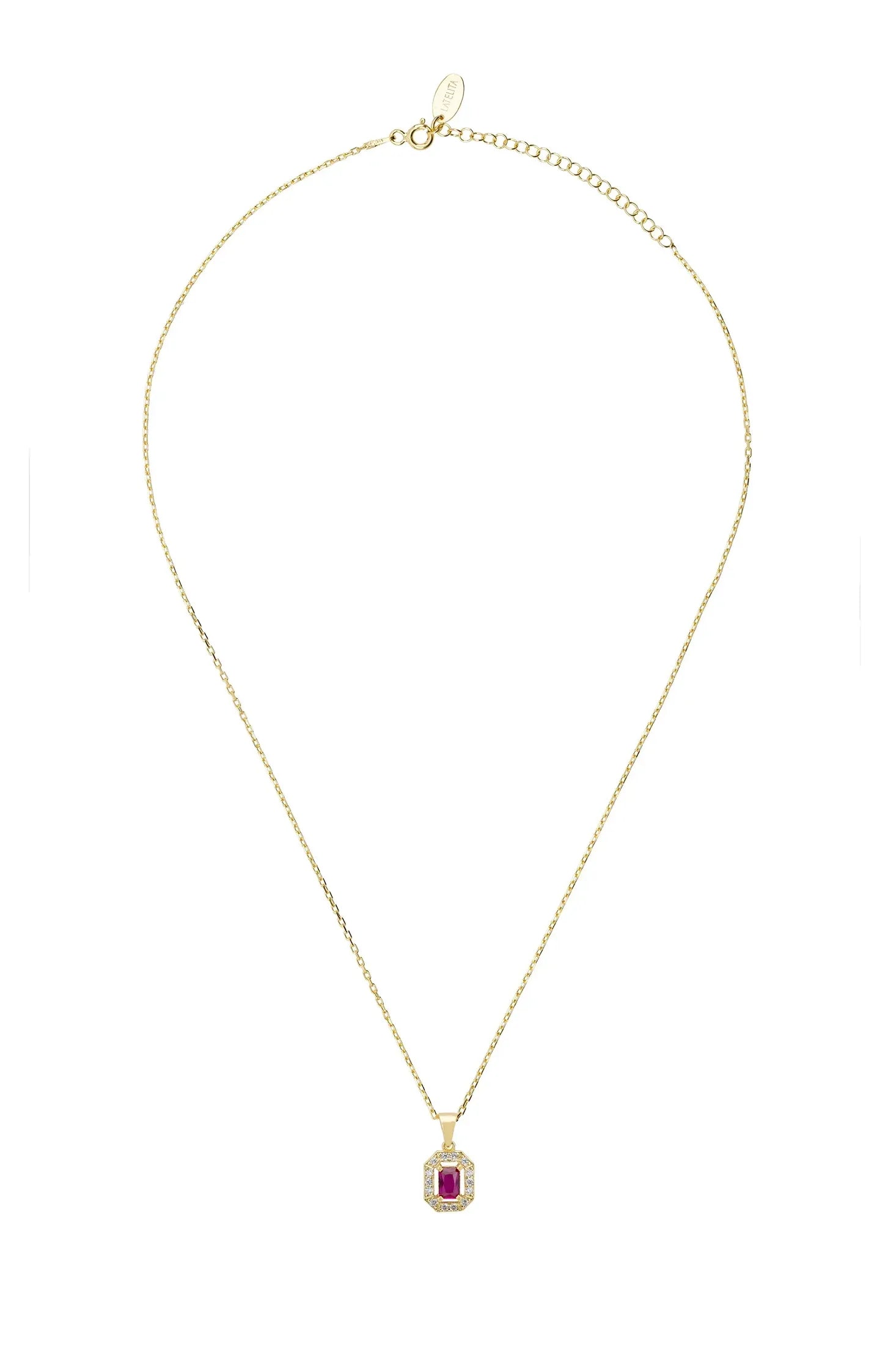 Diamond halo ruby gold pendant necklace.