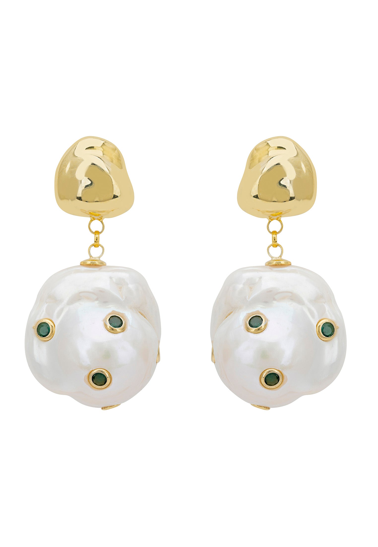 Polka Dot Baroque Pearl Drop Earrings Gold Emerald