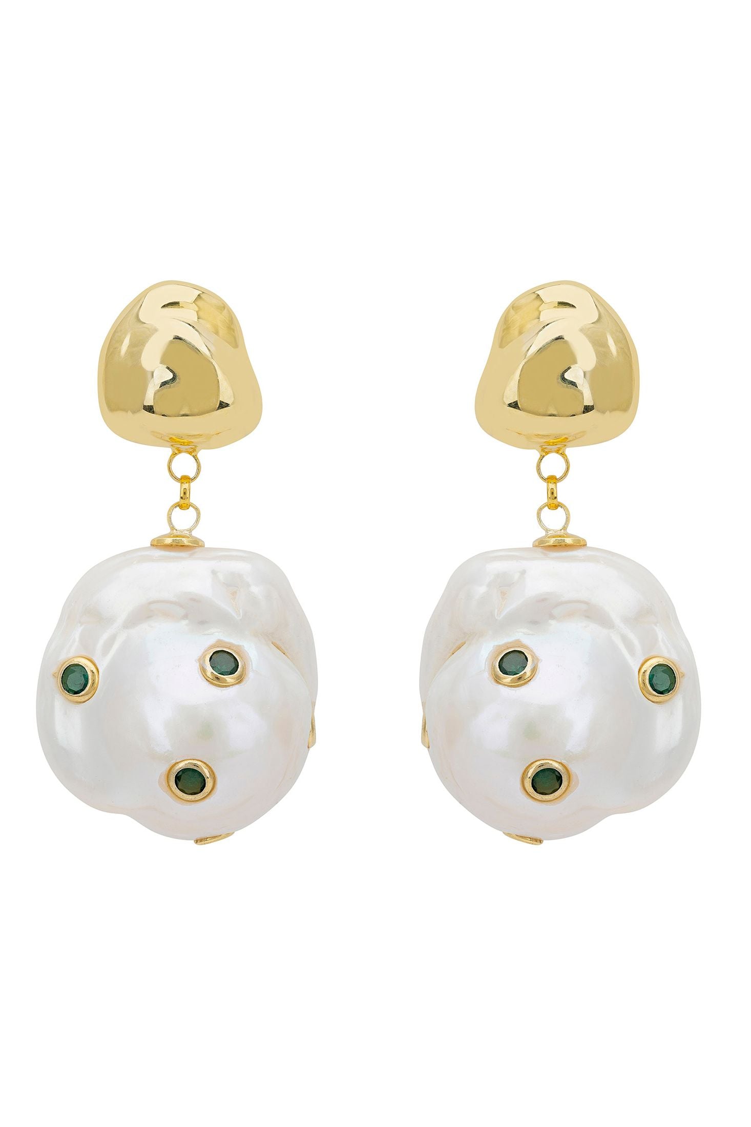 Front view of Polka Dot Baroque Pearl Drop Earrings Gold Emerald, showing baroque pearl and pearl detailing, gold finish.