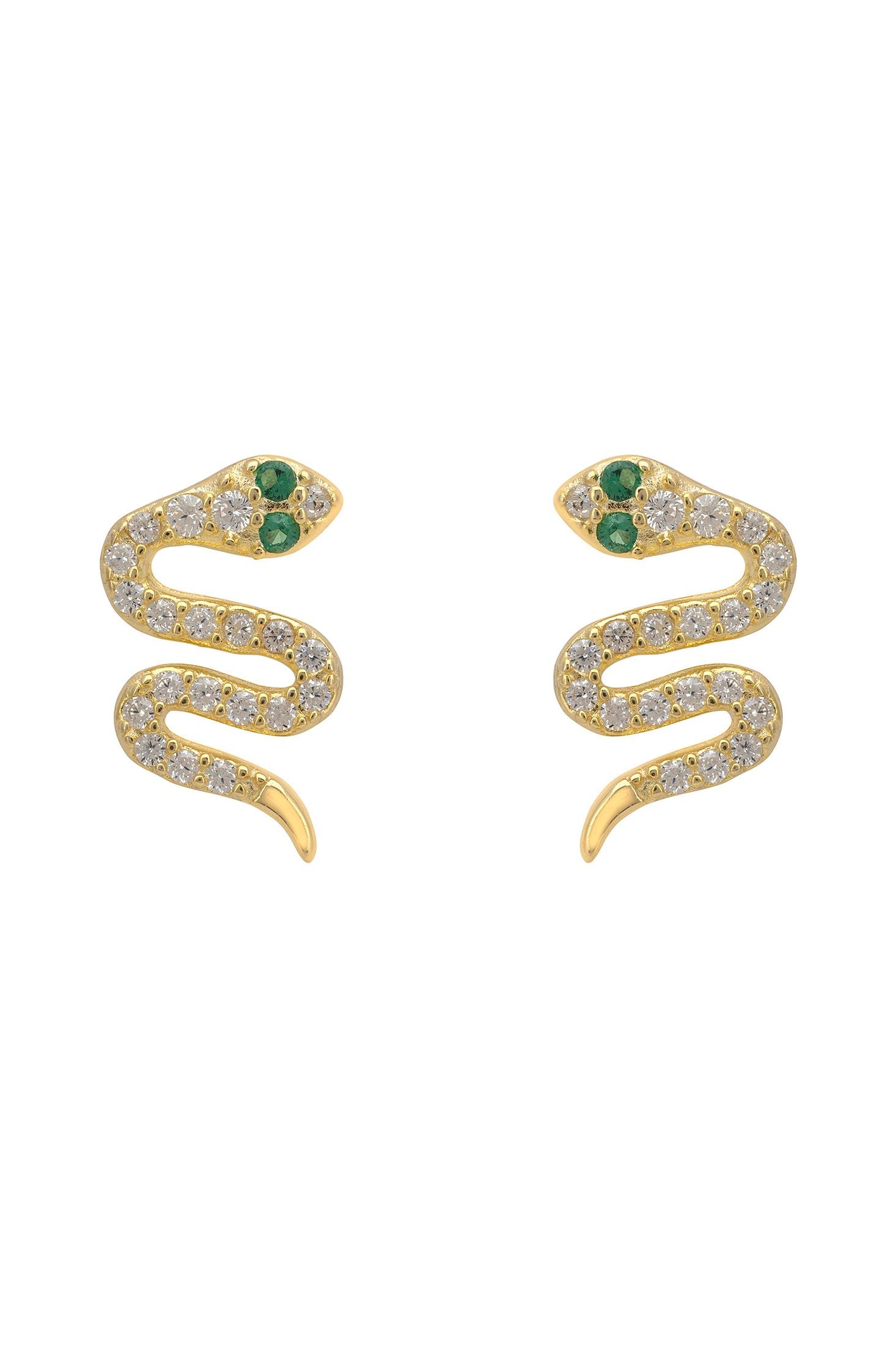 Gold snake-shaped earrings with green and clear gemstones on a white background