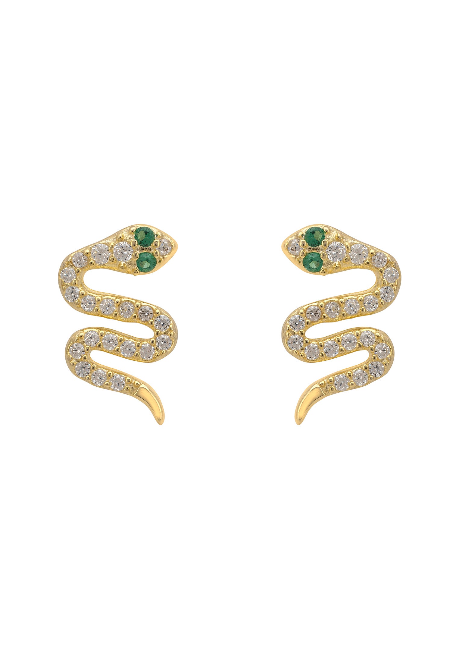 Gold snake-shaped earrings with green and clear gemstones on a white background