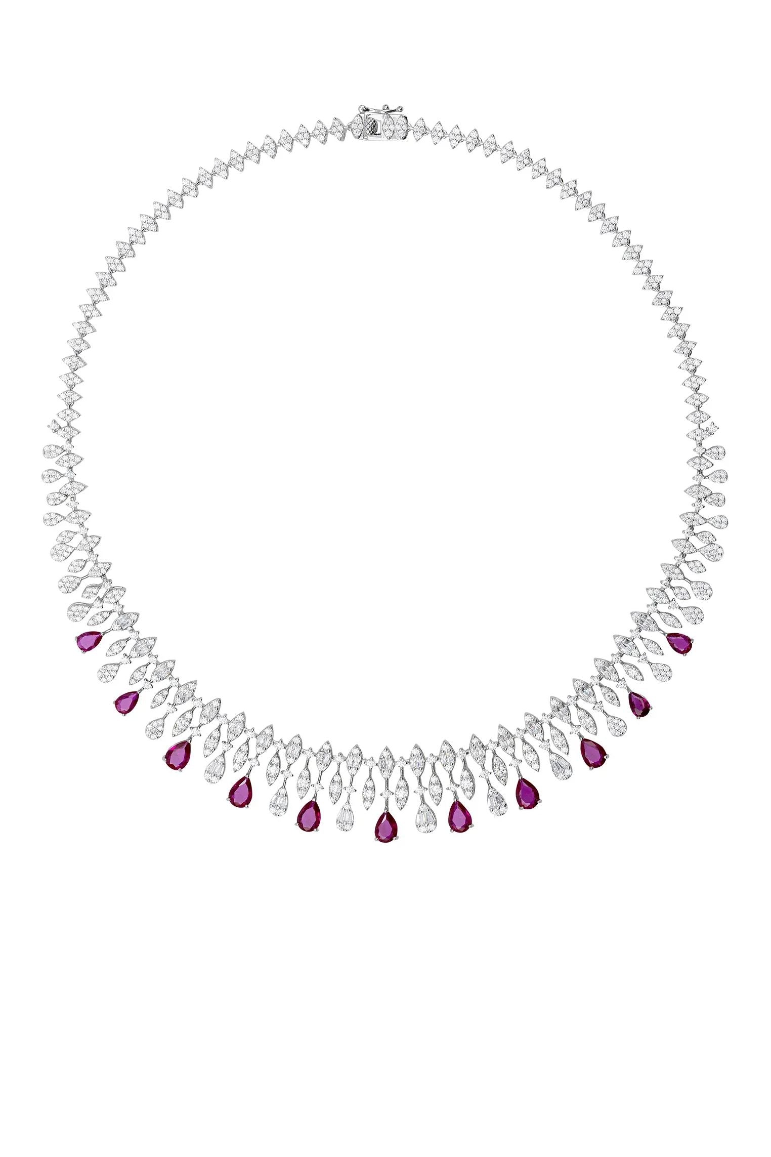 Ruby teardrops delicate diamond necklace.